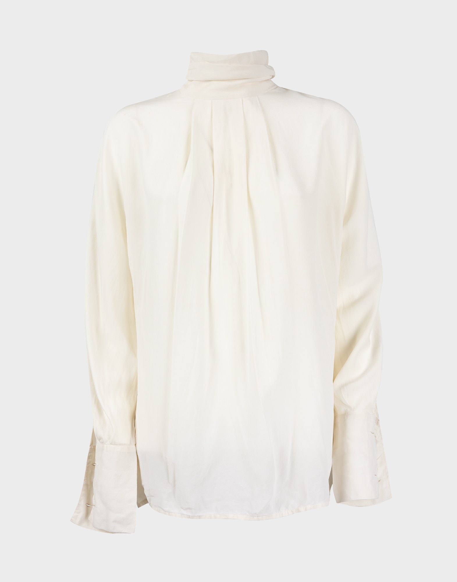 women's long-sleeved ivory silk blouse with ruffled collar and darts on the front