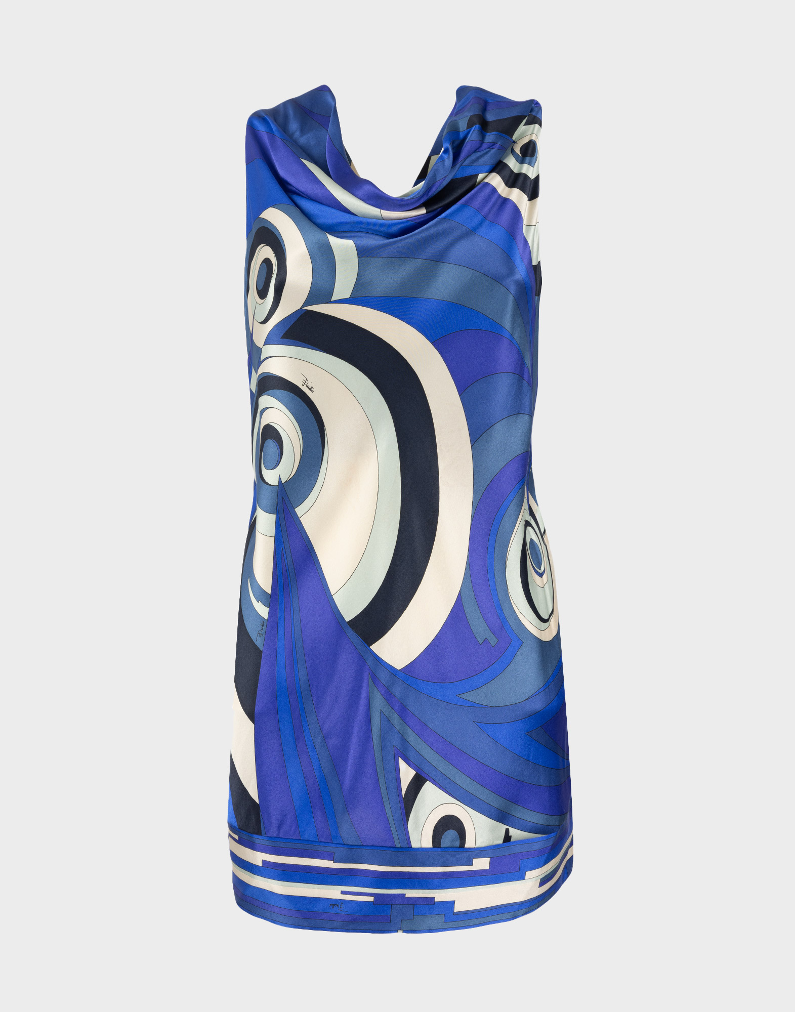 emilio pucci women's top in blue, white and black geometric pattern with shawl collar