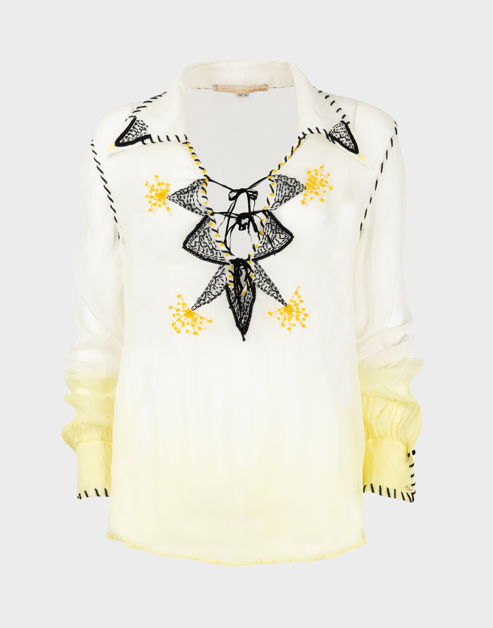 white and yellow long-sleeved transparent women's blouse with black embroidery and details, yellow beads applied