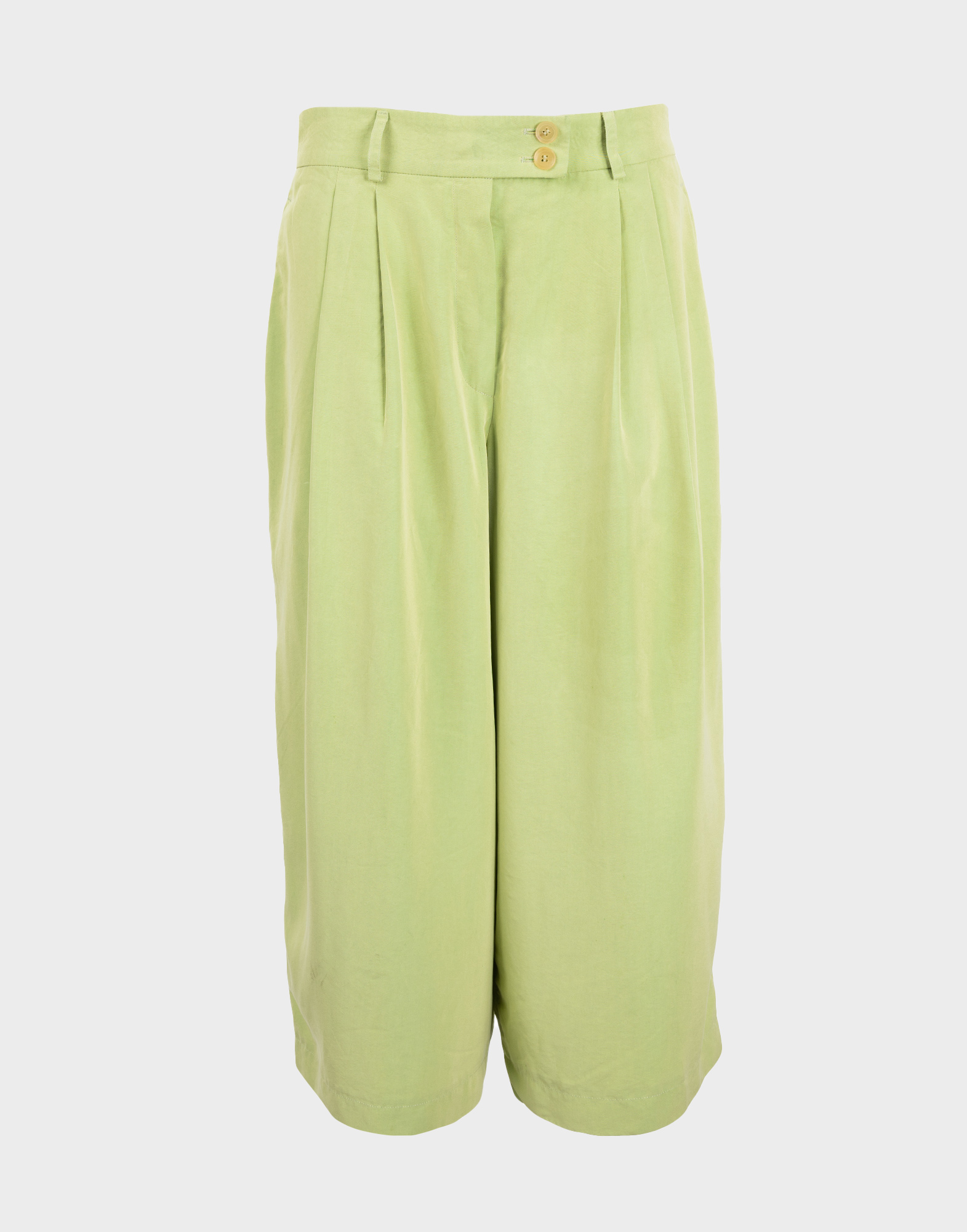 pantaloni verdi da donna morbidi in seta, lunghi fino al polpaccio, chiusura laterale con due bottoni