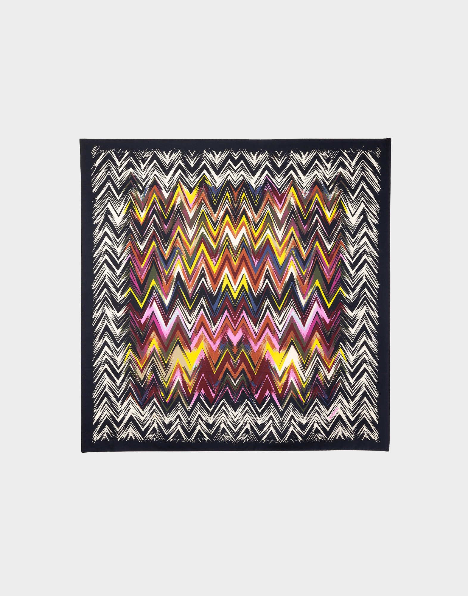 black silk scarf with multicoloured zigzag pattern