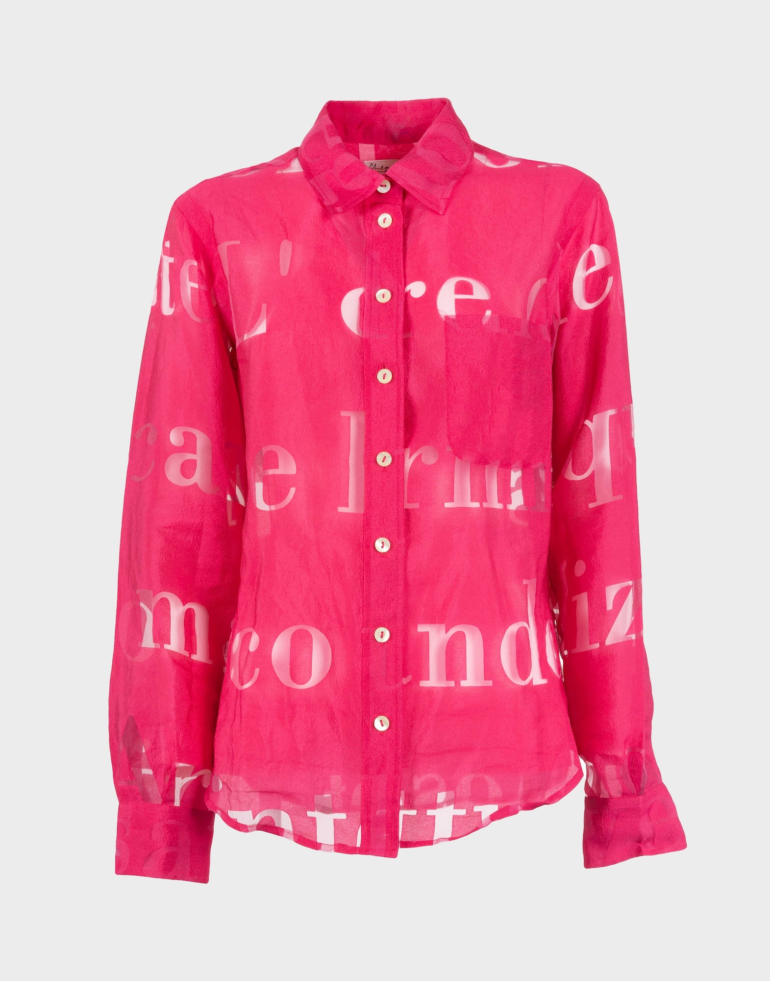 fuchsia ladies' shirt in lightweight fabric with transparent letters, ivory button fastening