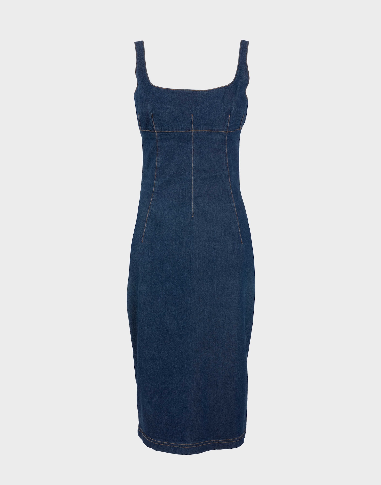 women's long denim dress with thin straps, contrast stitching