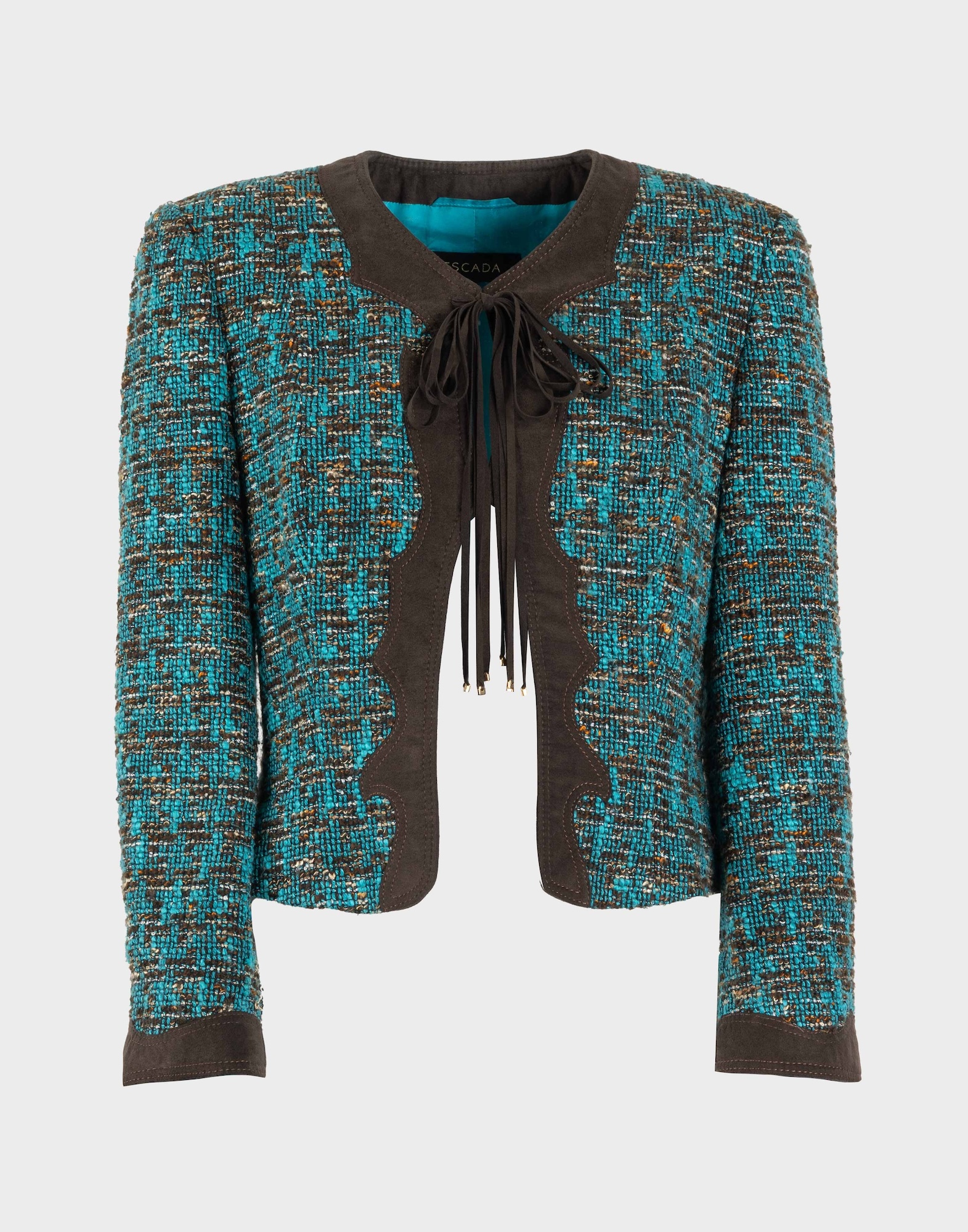 green and brown ladies' blazer in tweed-type fabric with brown leather details and bow at collar
