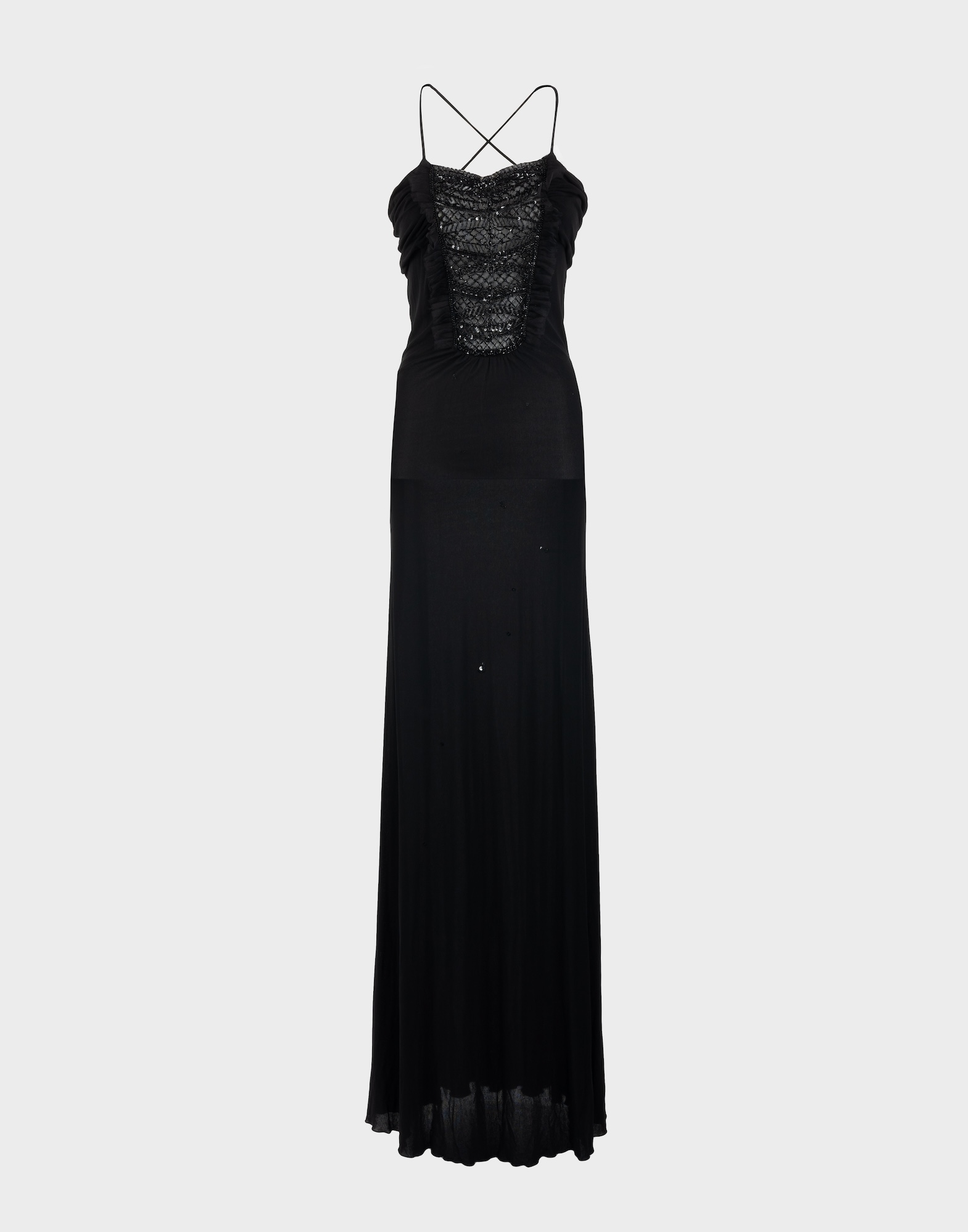 long black evening dress with transparency on the chest and applied sequins, neckline on the back and thin crossed straps