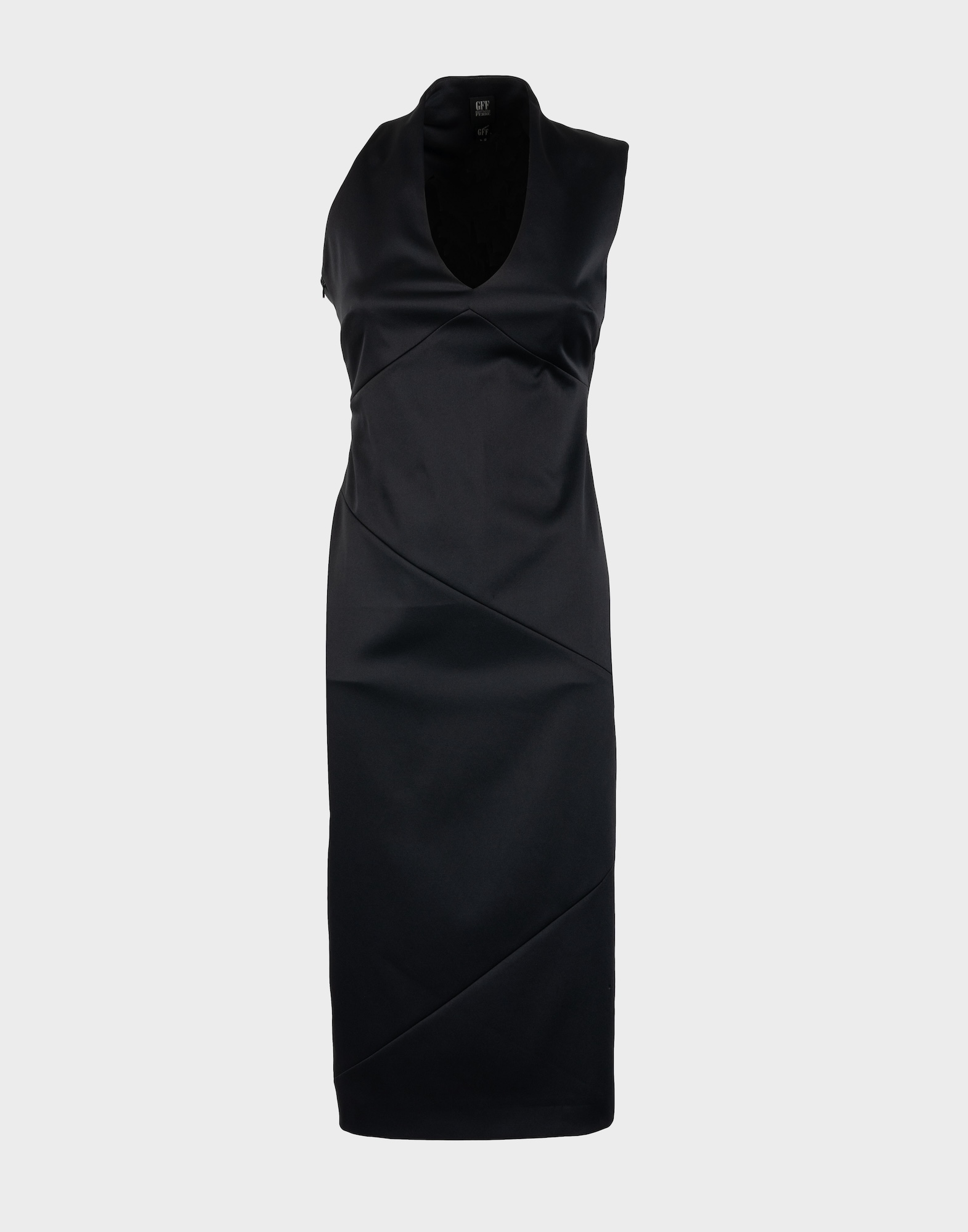 women's calf-length black sleeveless dress with teardrop neckline at the front