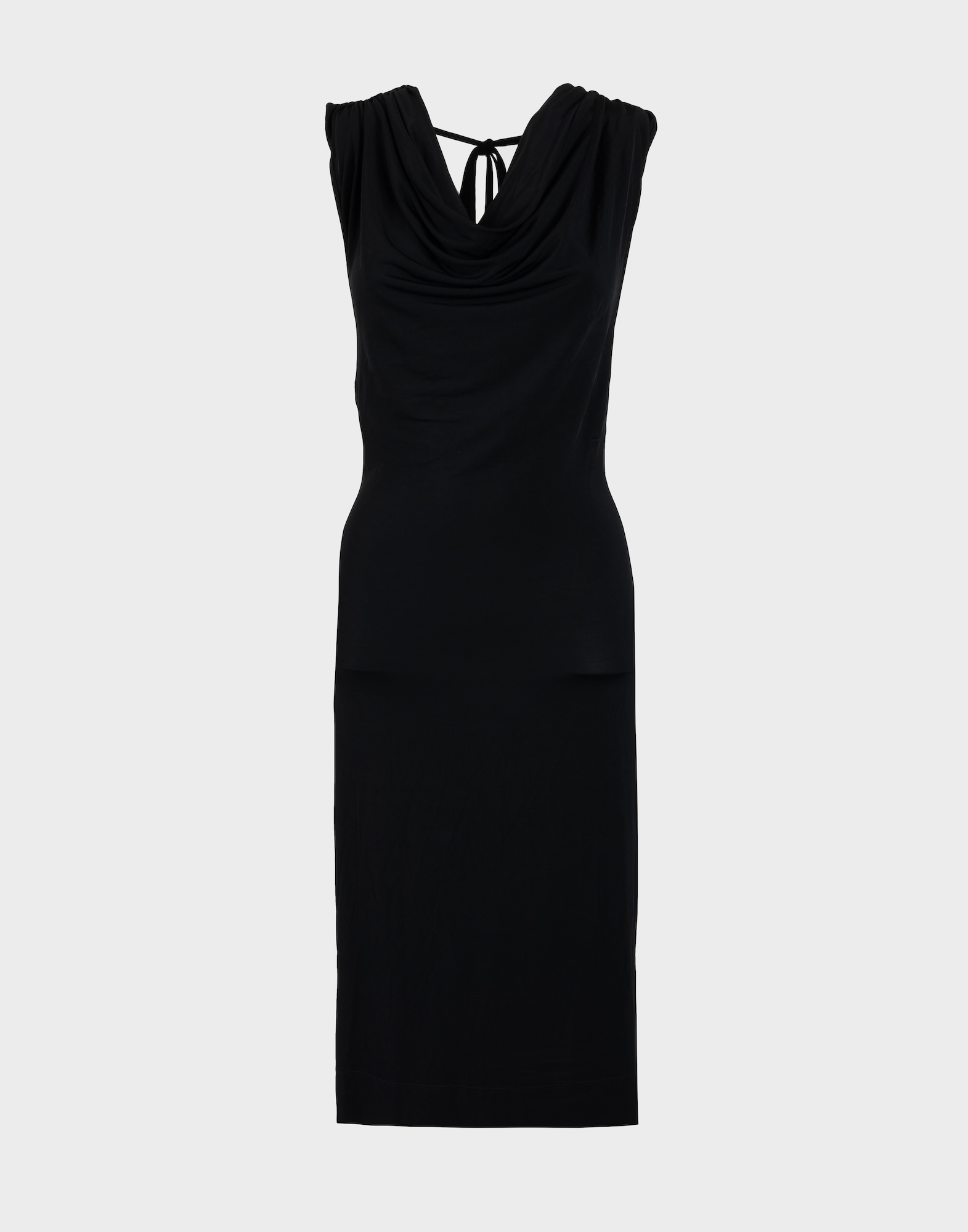 black stretch sleeveless dress with shawl neckline and open back with bows