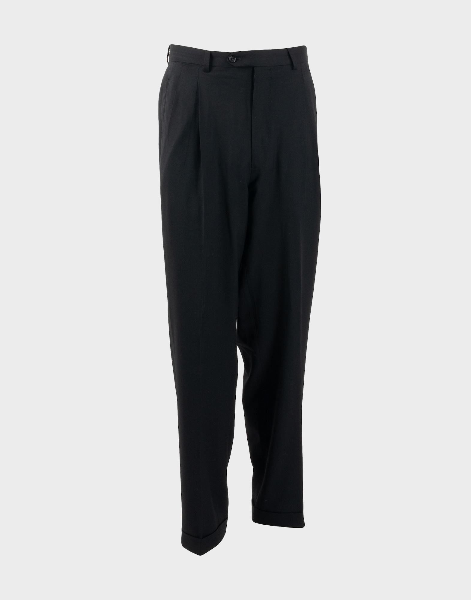 classic black men's trousers with front pleats, hook and button fastening