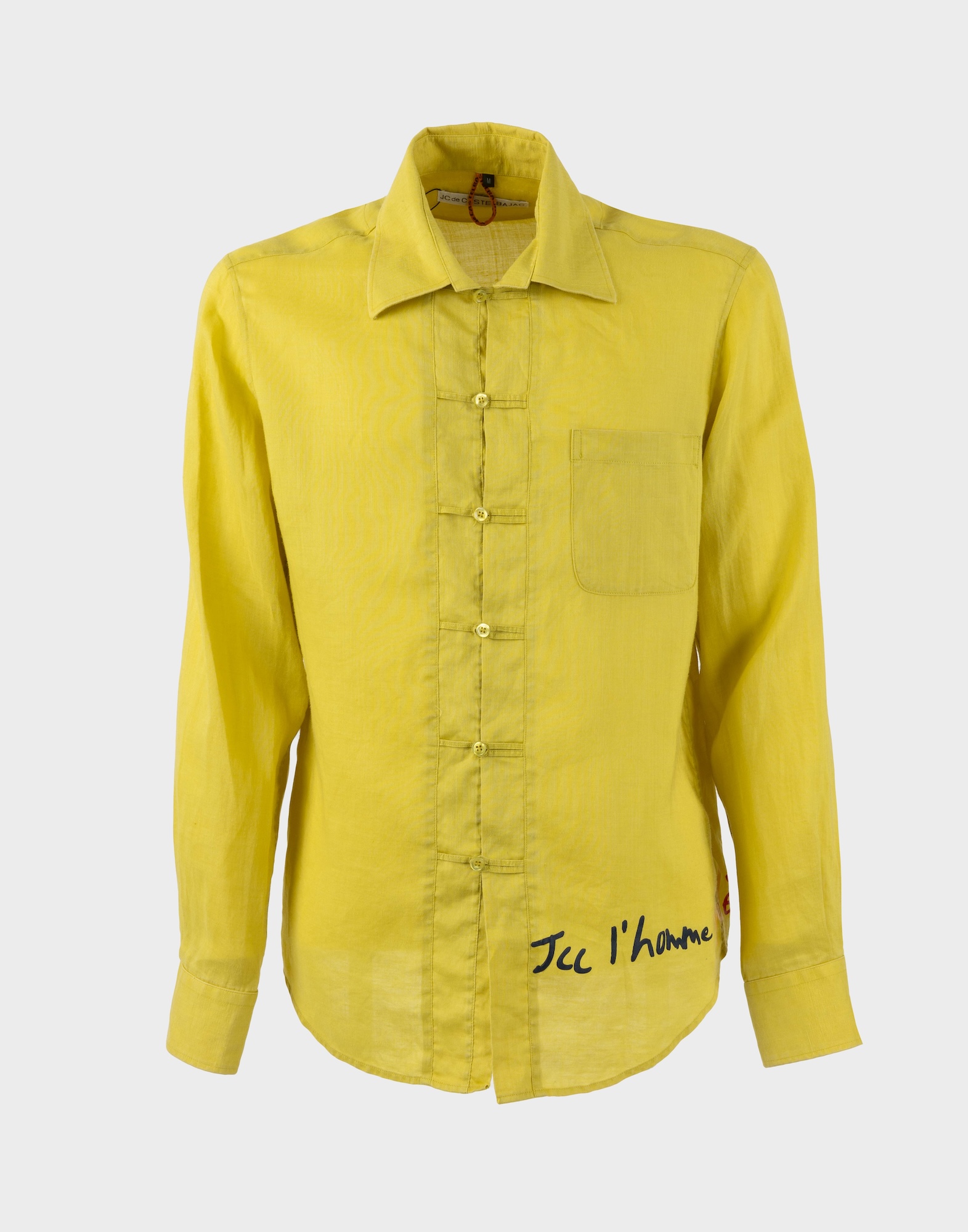 long-sleeved yellow men's shirt, button placket and logo print on the side