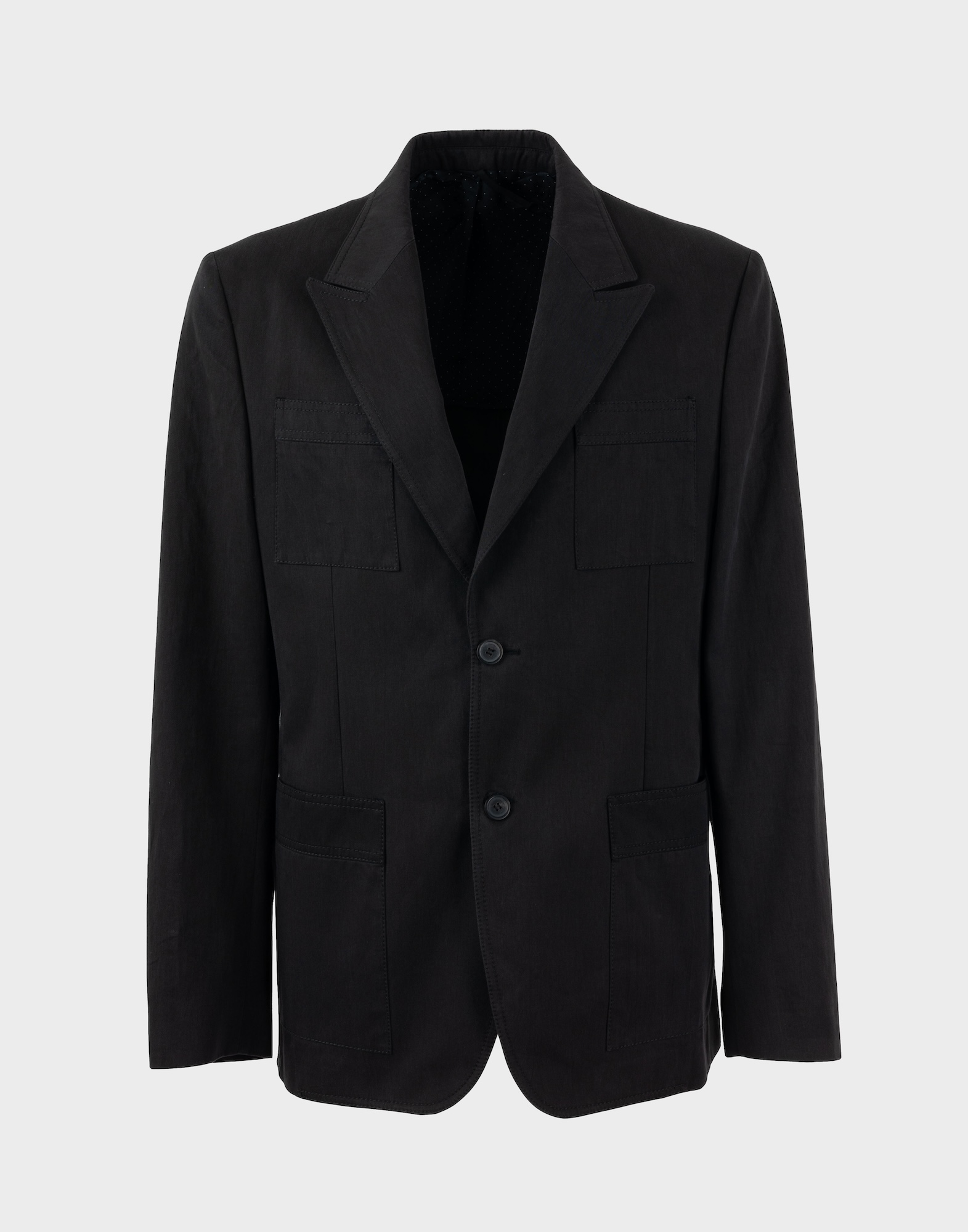black men's jacket with v-neck, two-button front fastening and four pockets