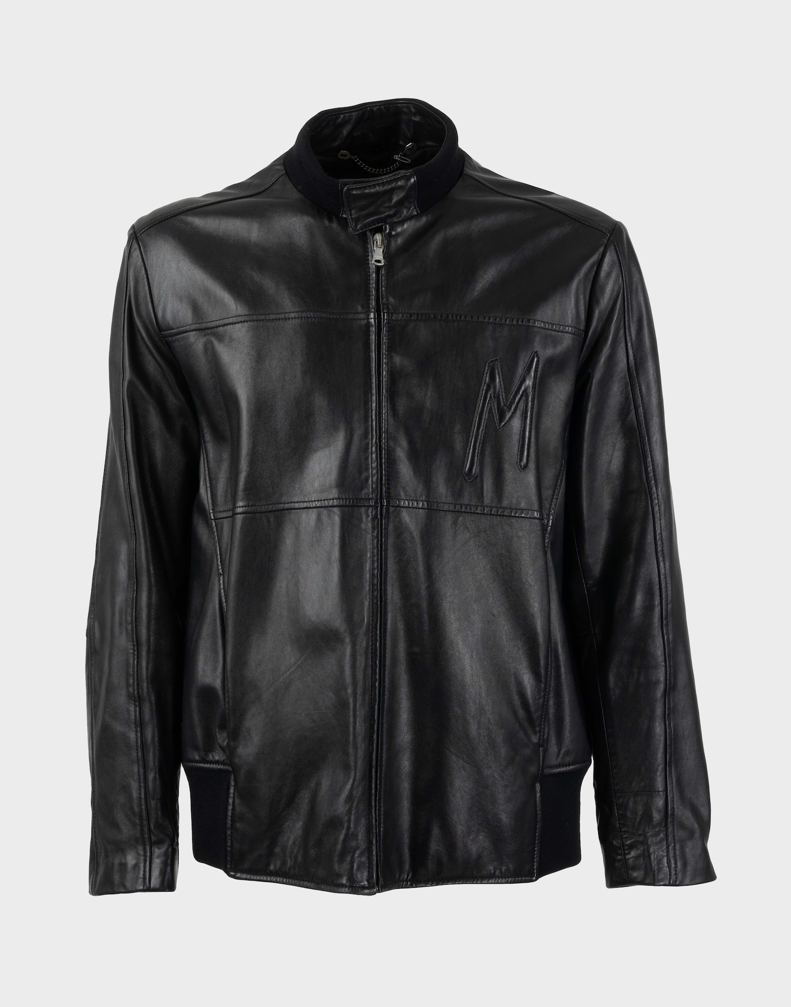 black men's leather jacket, front zip fastener and tone-on-tone embroidered logo on chest