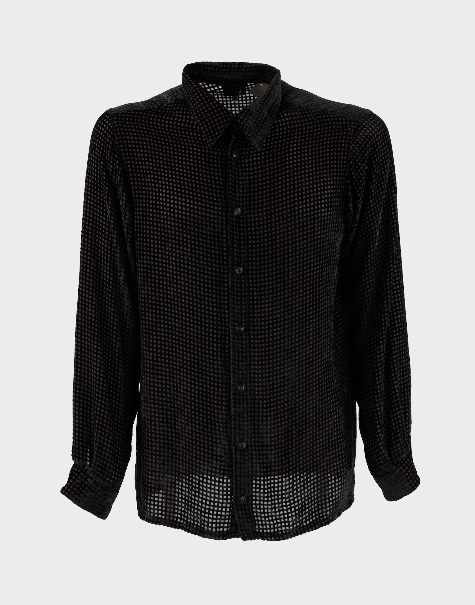 camicia versus nera da uomo a maniche lunghe con trama trasparente di quadratini