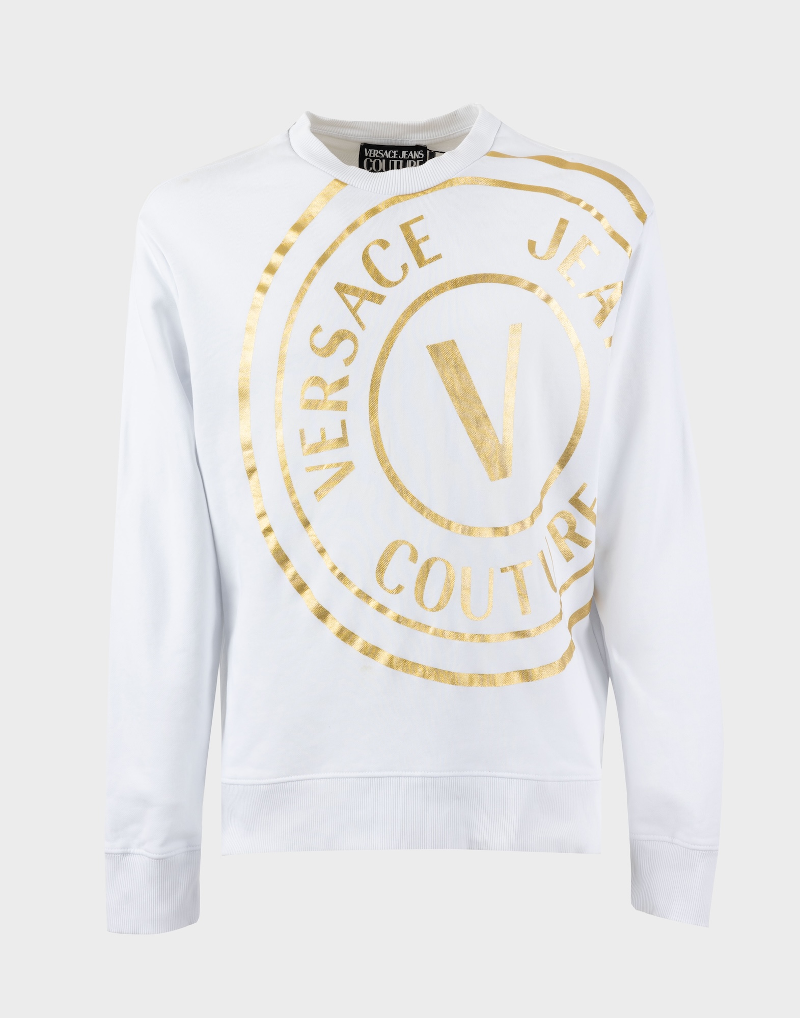 white men's cotton sweatshirt with gold big logo on the front