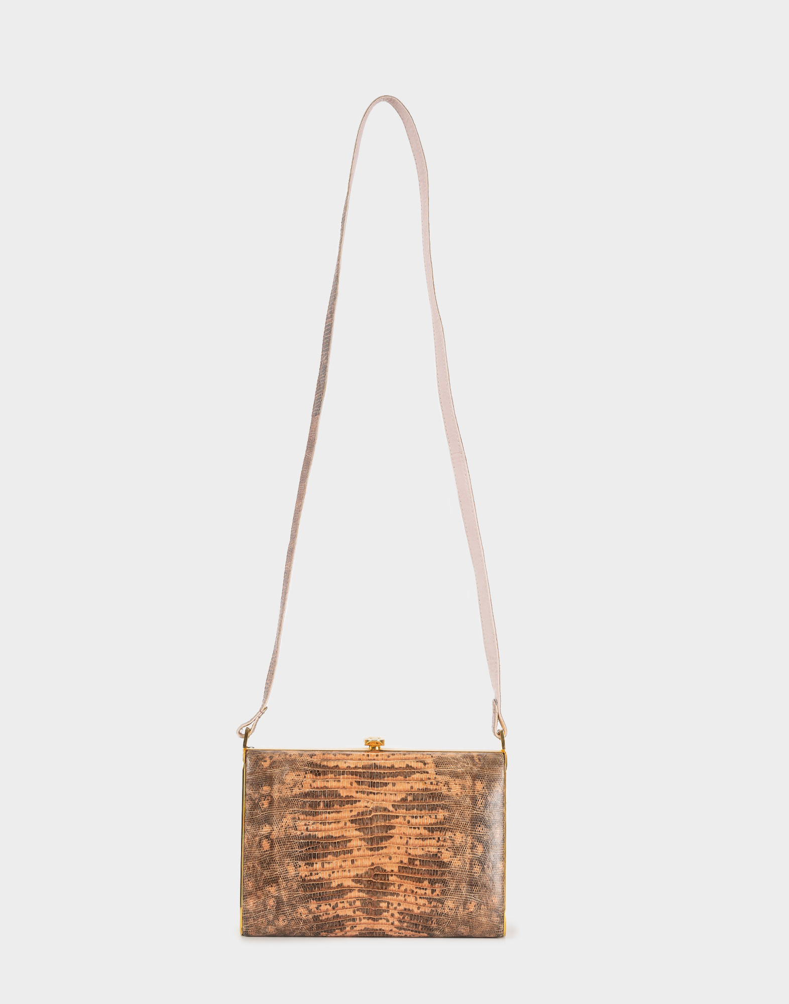 small stiff pink and brown snakeskin bag with long shoulder strap, top clasp with gold clip