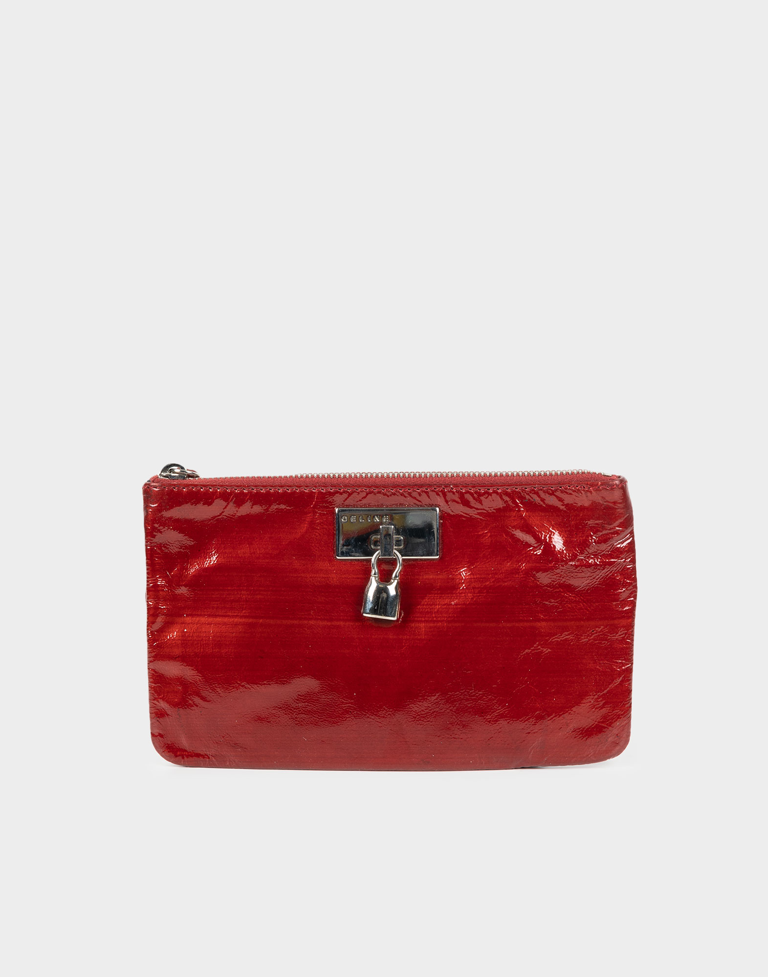 women's red patent leather coin purse with upper parting, padlock on front