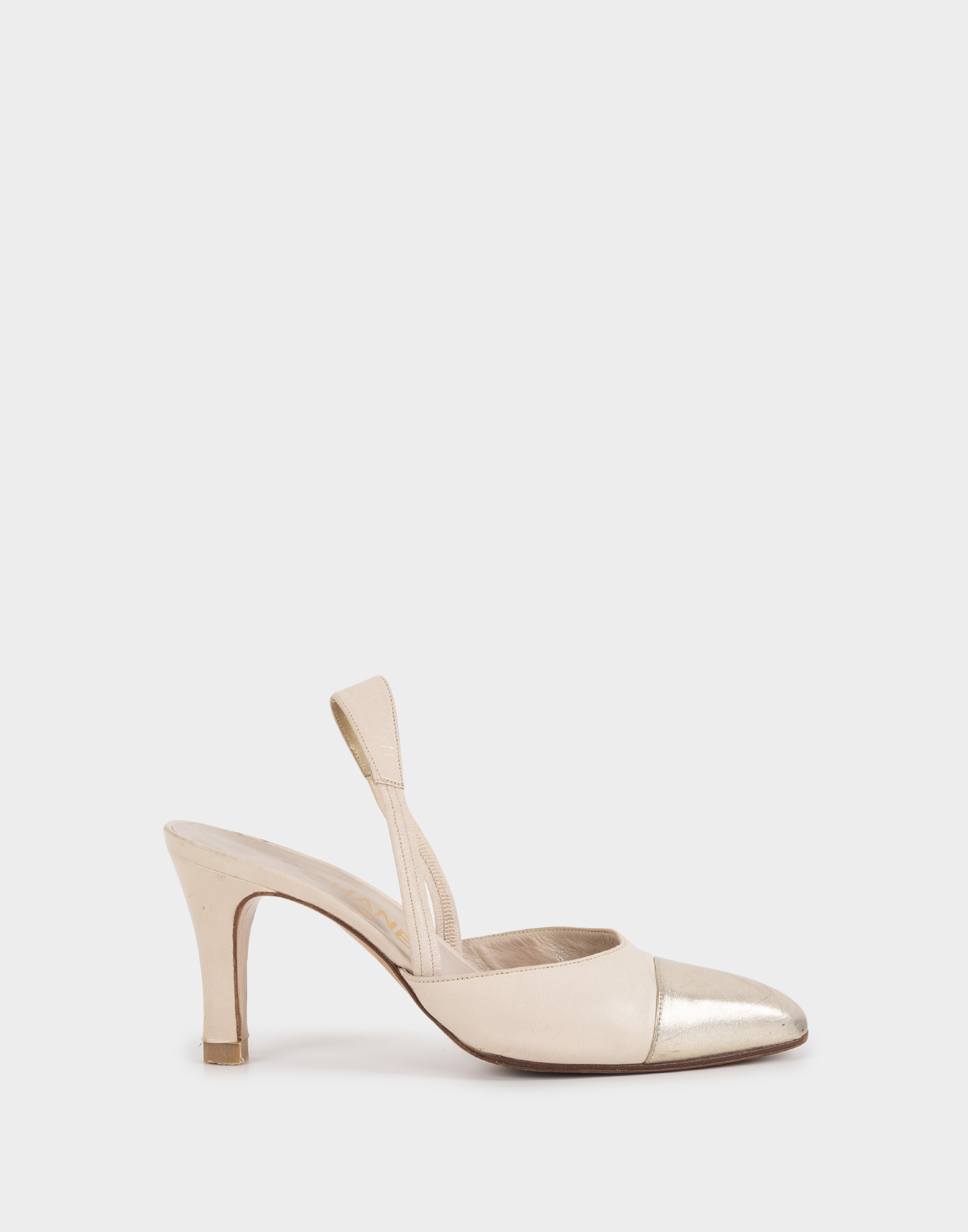 ivory leather heel shoes with strap and golden toe