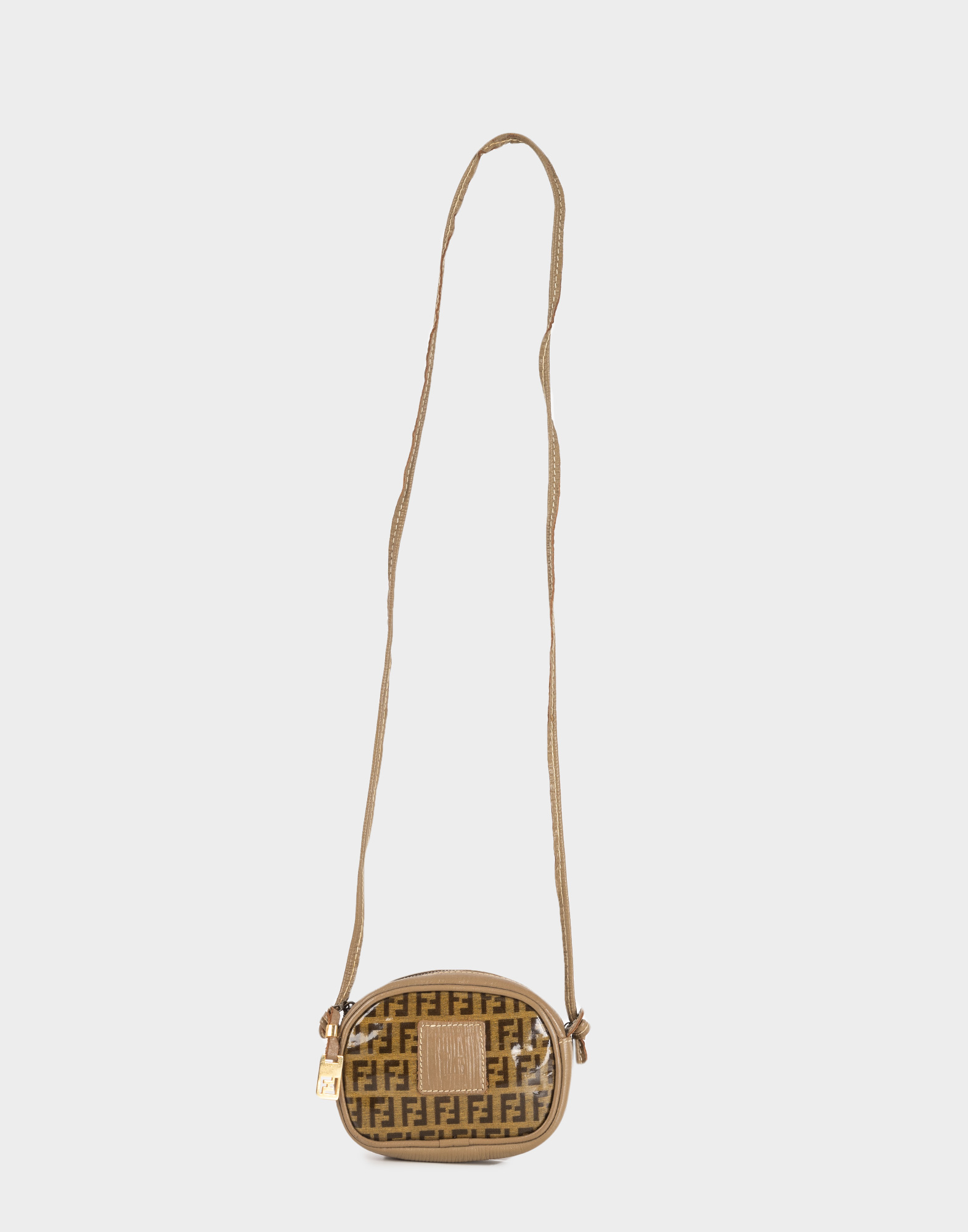 Fendi women's minibag in beige patent leather with brown monogram pattern, thin shoulder strap and gold FF pendant