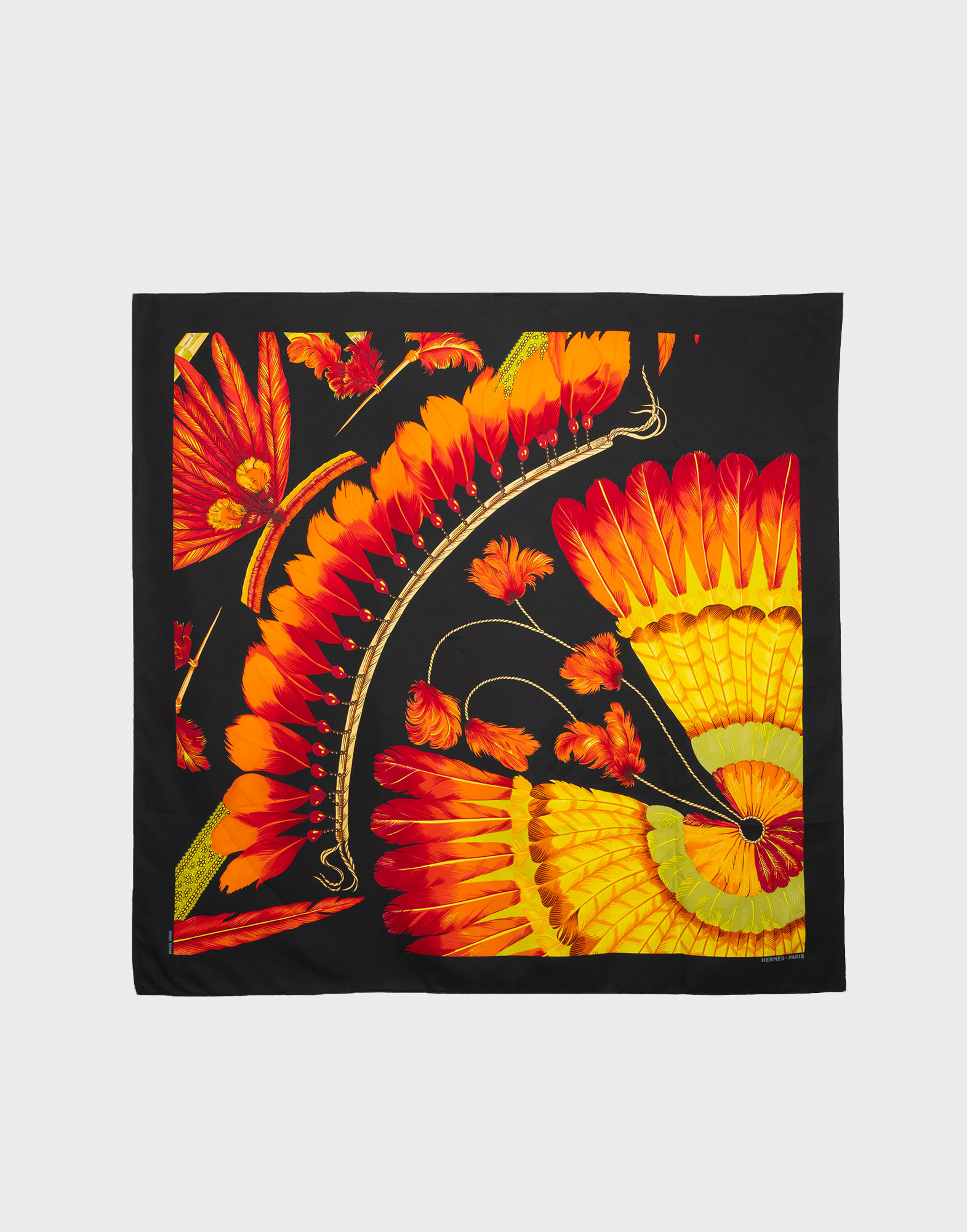 black square 100% silk scarf by Hermes with yellow and orange coloured feather pattern