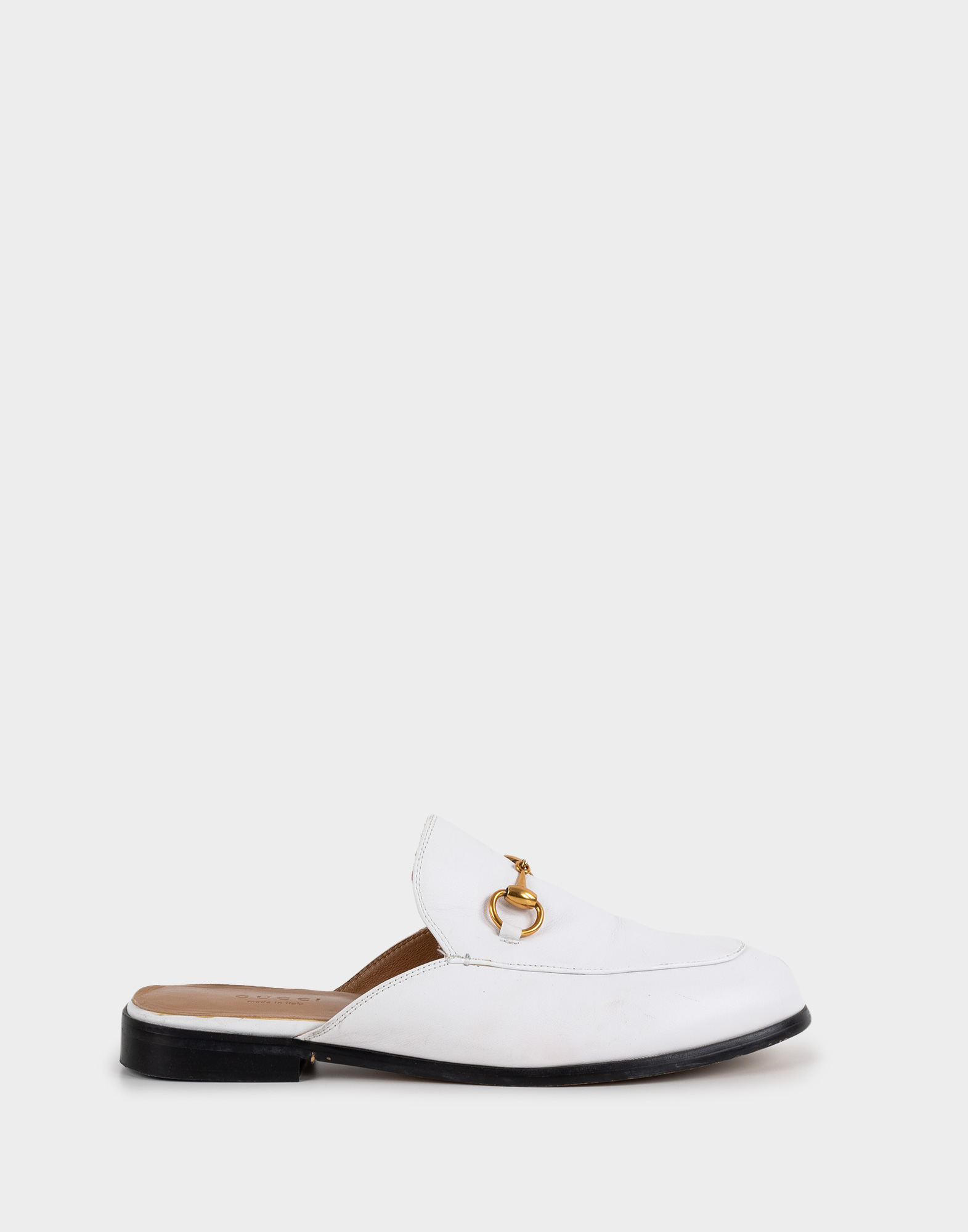 men's white leather slippers with golden horsebit on instep