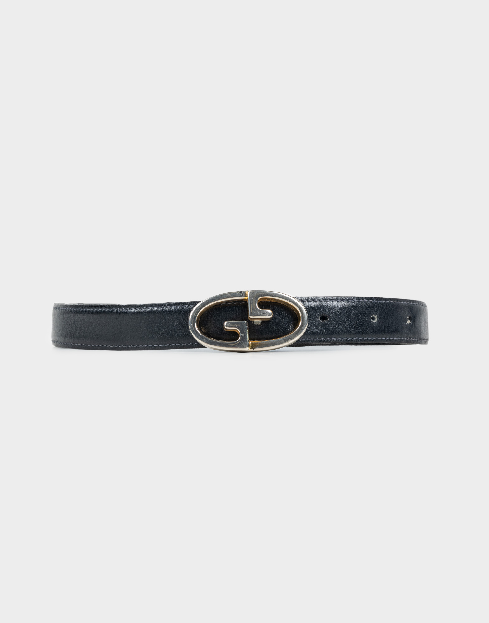 women's thin blue leather belt,silver buckle with double G