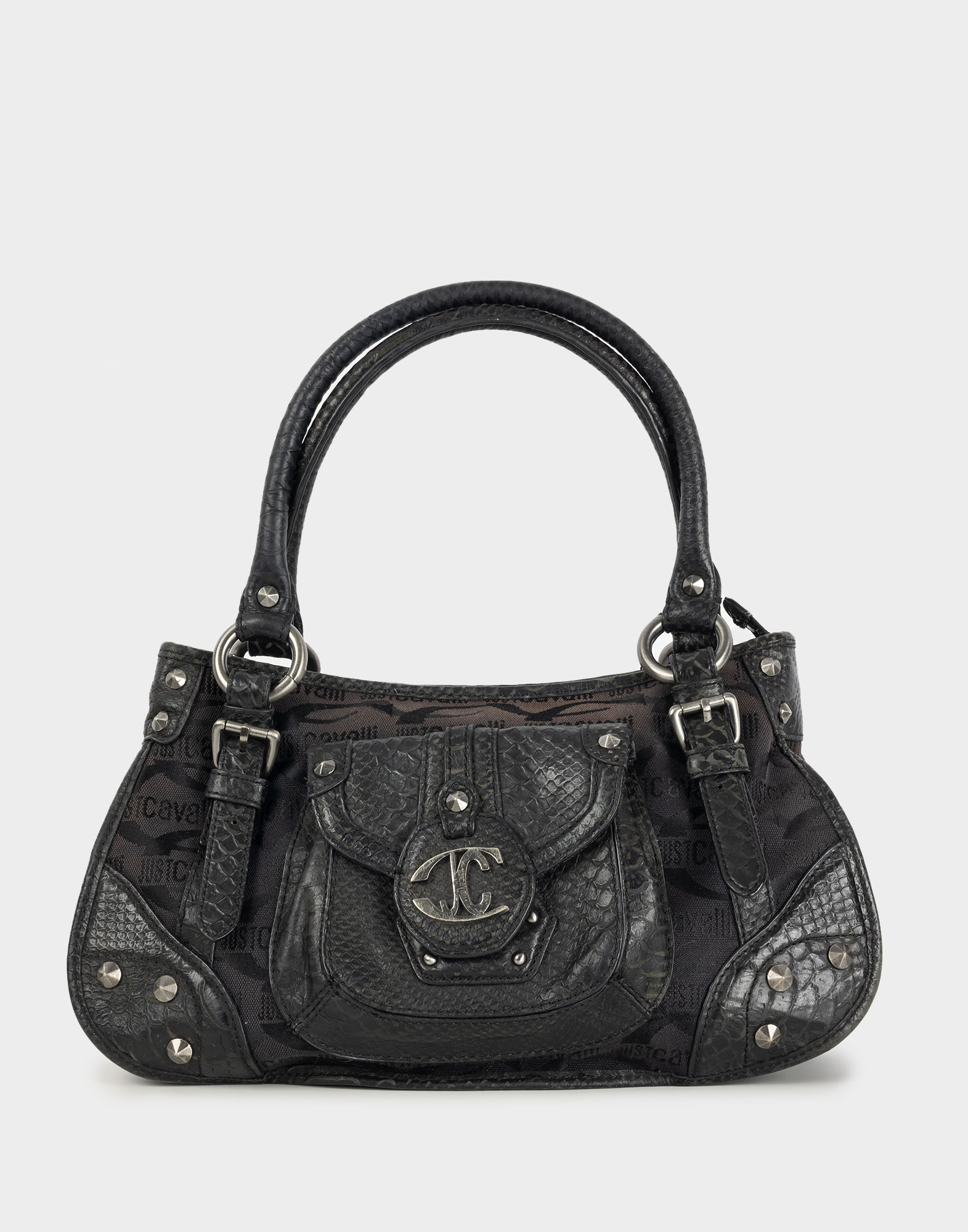 black 2000s women's bag with double leather handle, logo fabric canvas and snakeskin detailing