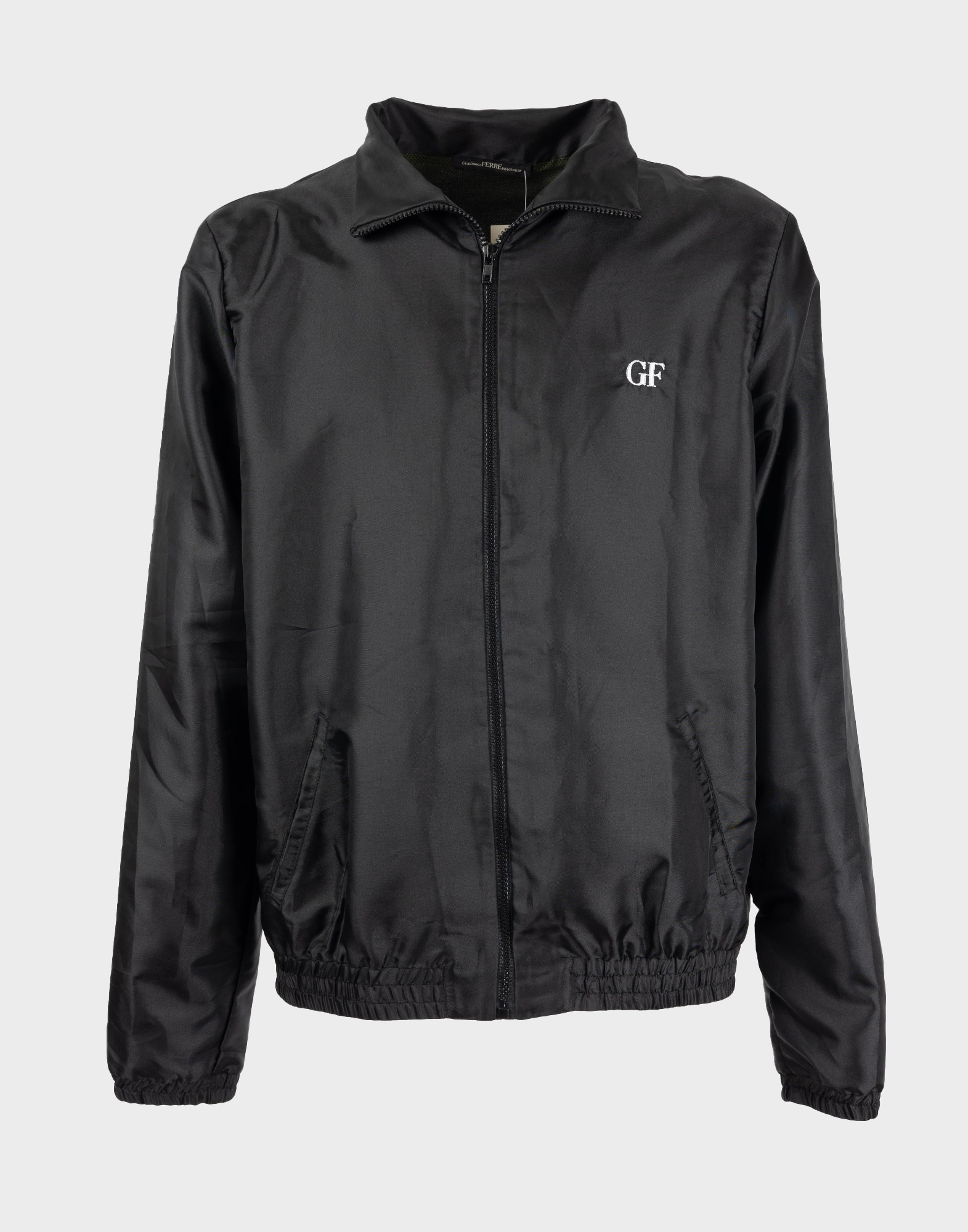 black men's polyester jacket with full front zip, two side pockets, elastic at hem and embroidered GF logo in white