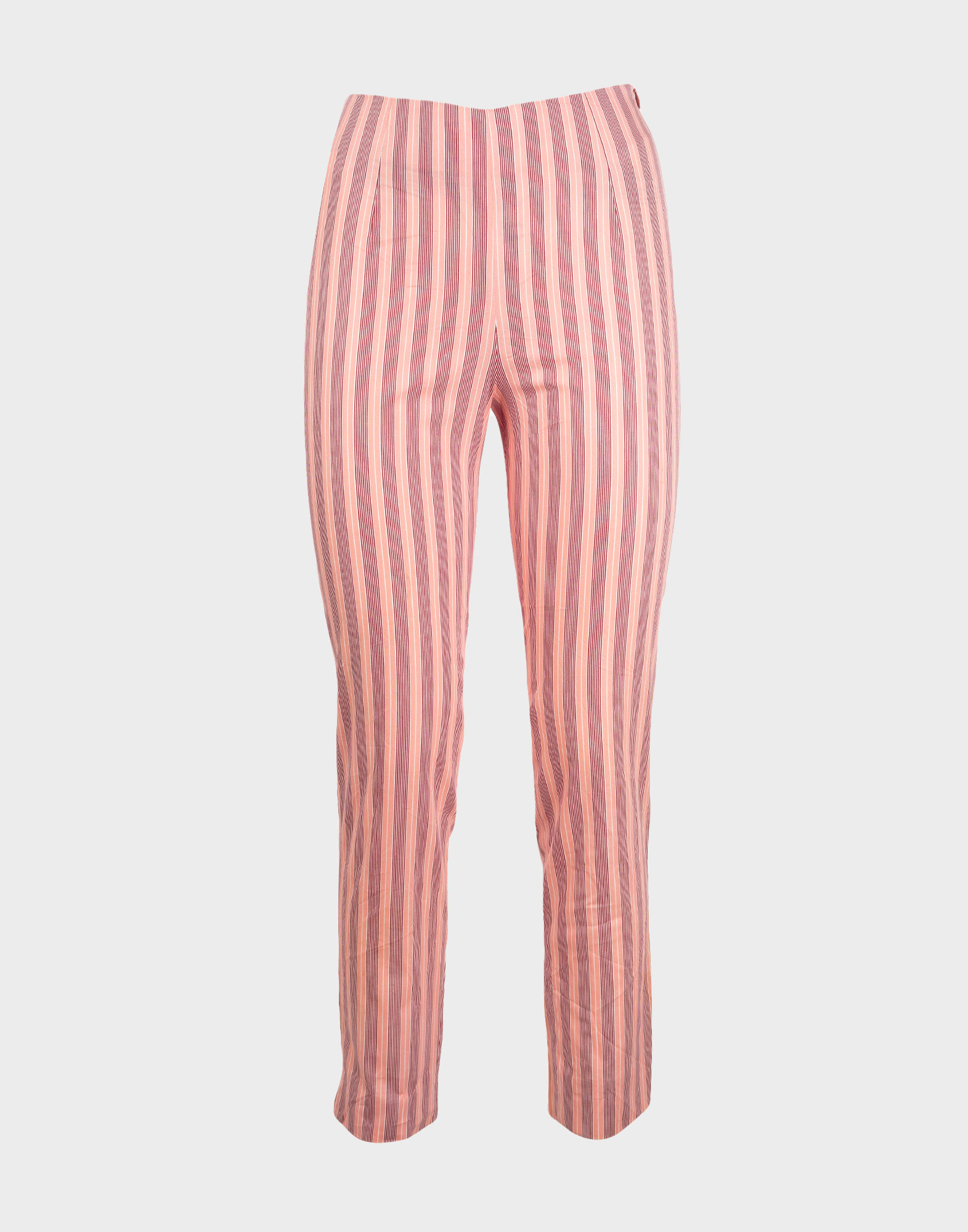 pink women's slim fit trousers with black and white striped pattern