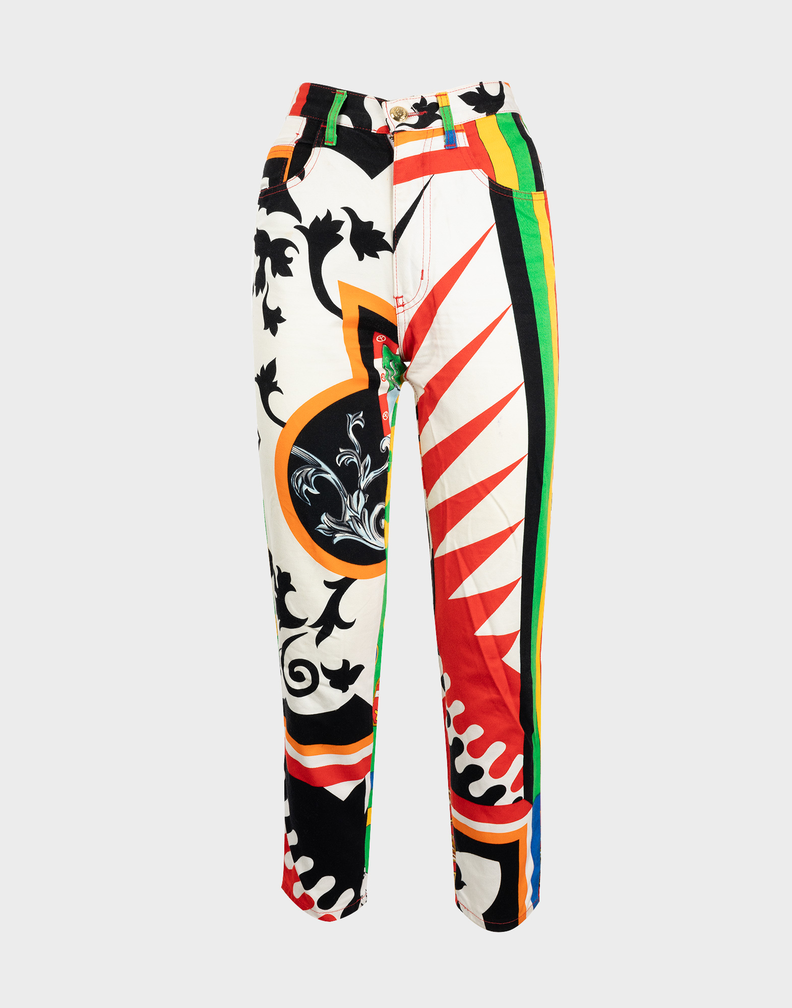 high-waisted slim fit women's trousers with multicoloured ‘il palio di siena’ pattern