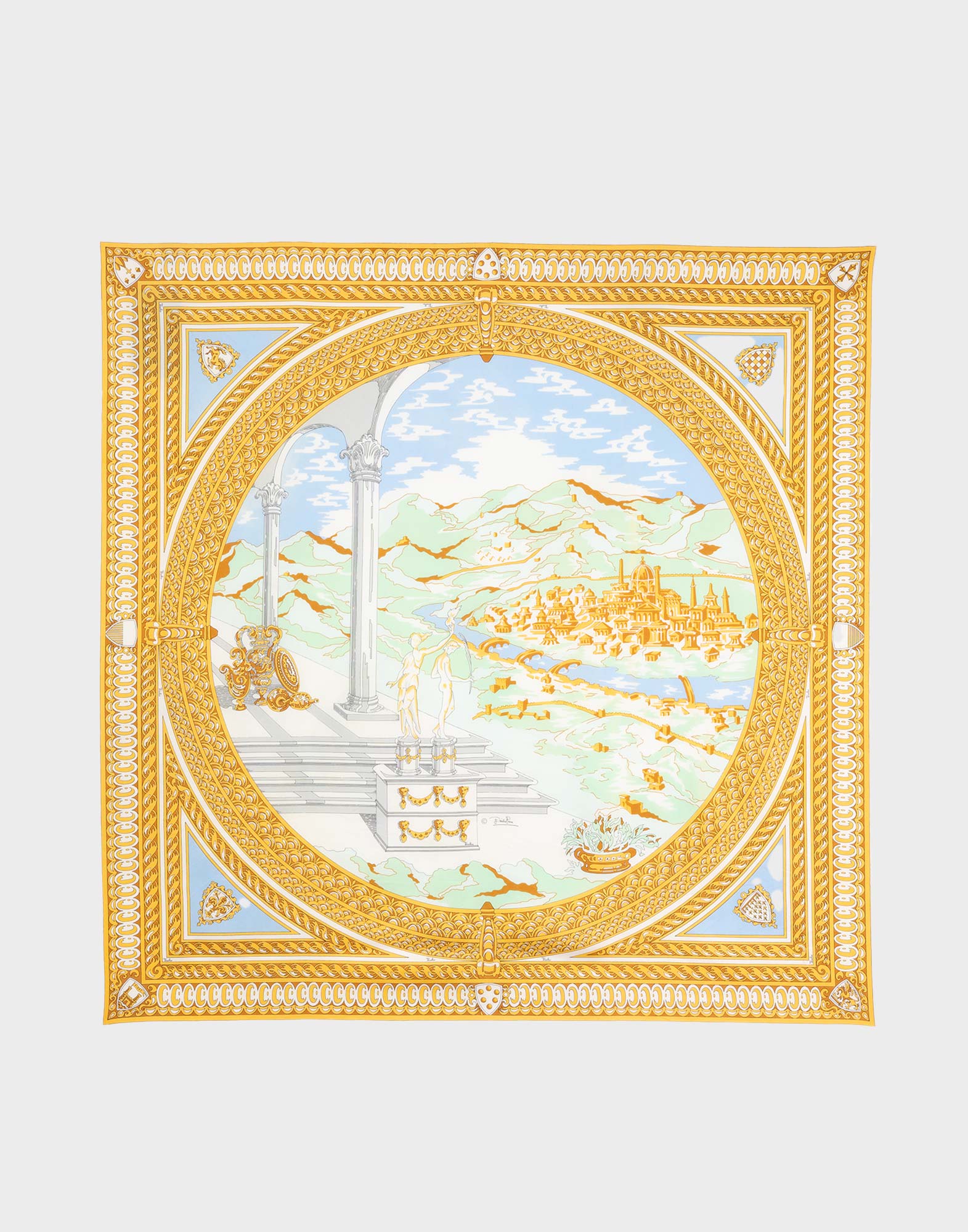 light blue and beige square silk scarf depicting the city of Florence