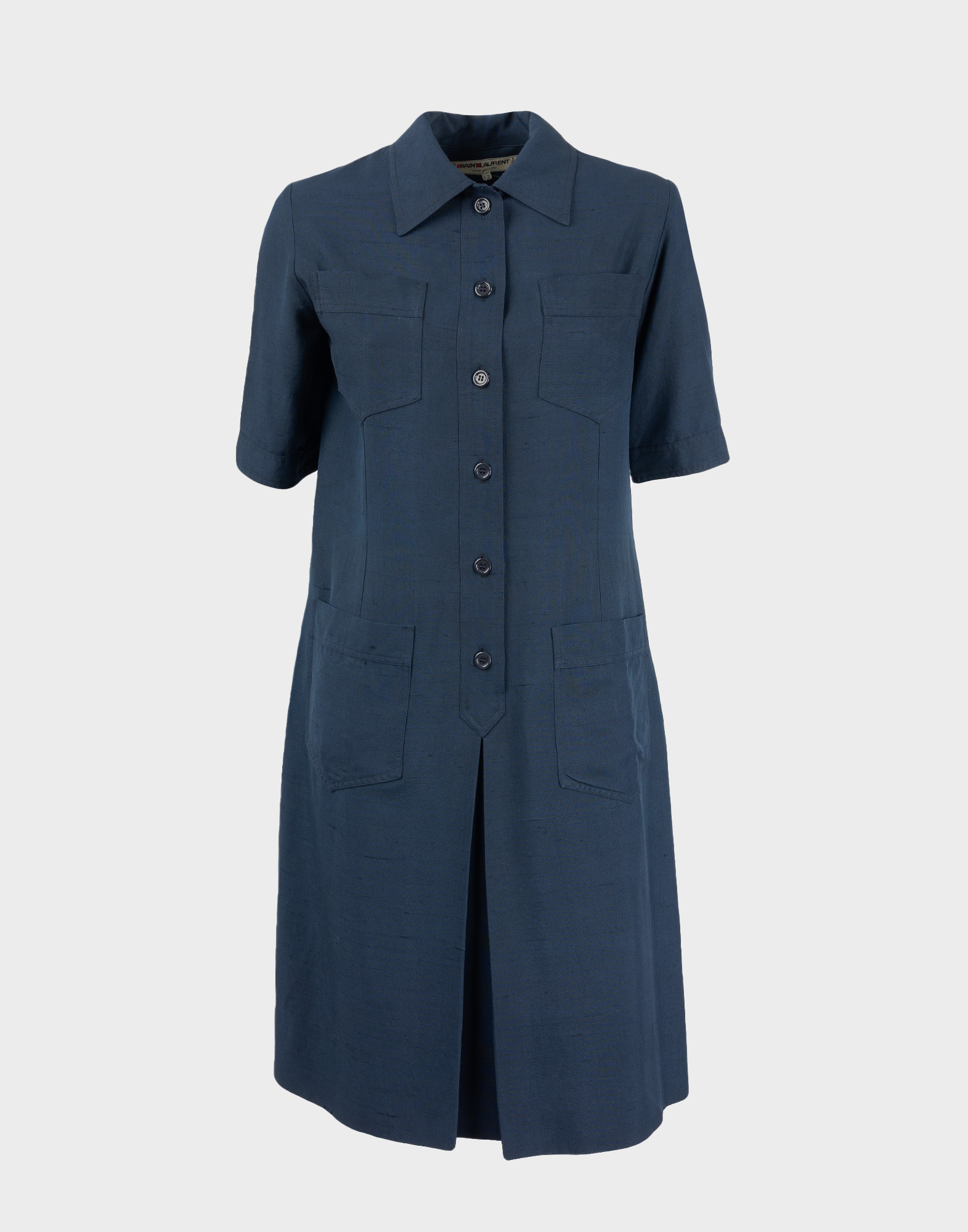 blue women's button-front chemisier dress with four pockets