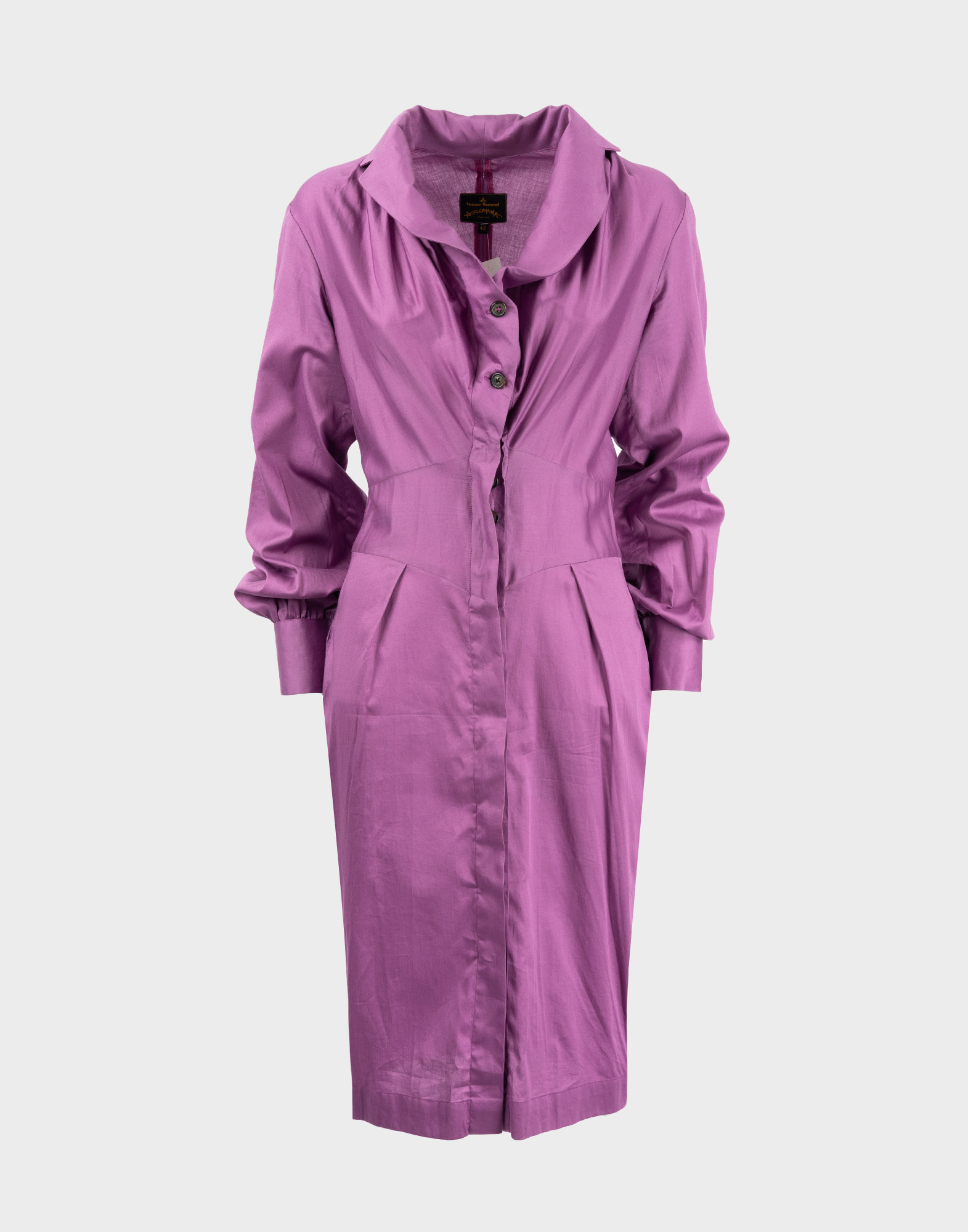 purple sheath dress with shawl collar, front button fastening, long sleeves