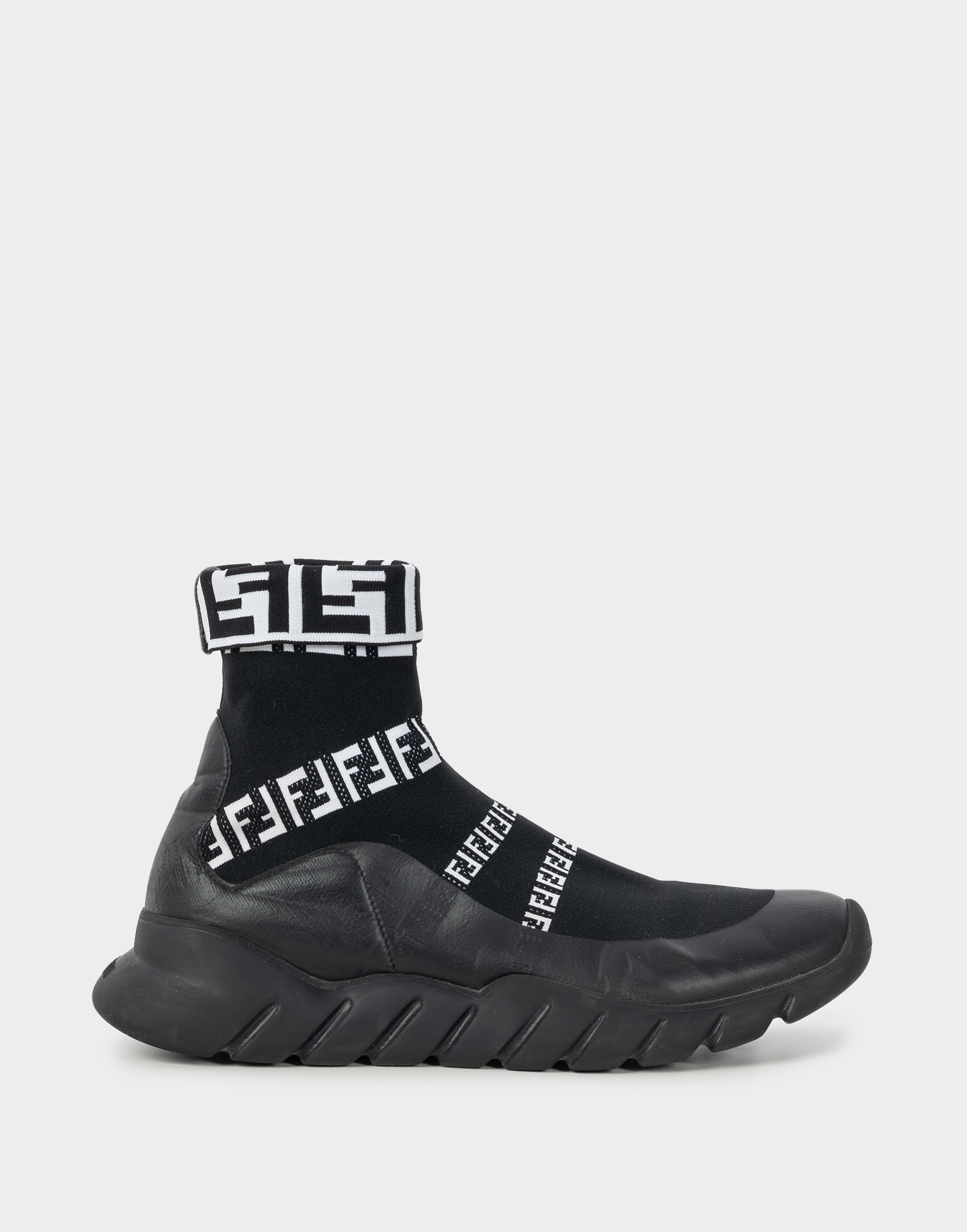 black men's sock trainers with plastic rubber with white logo bands