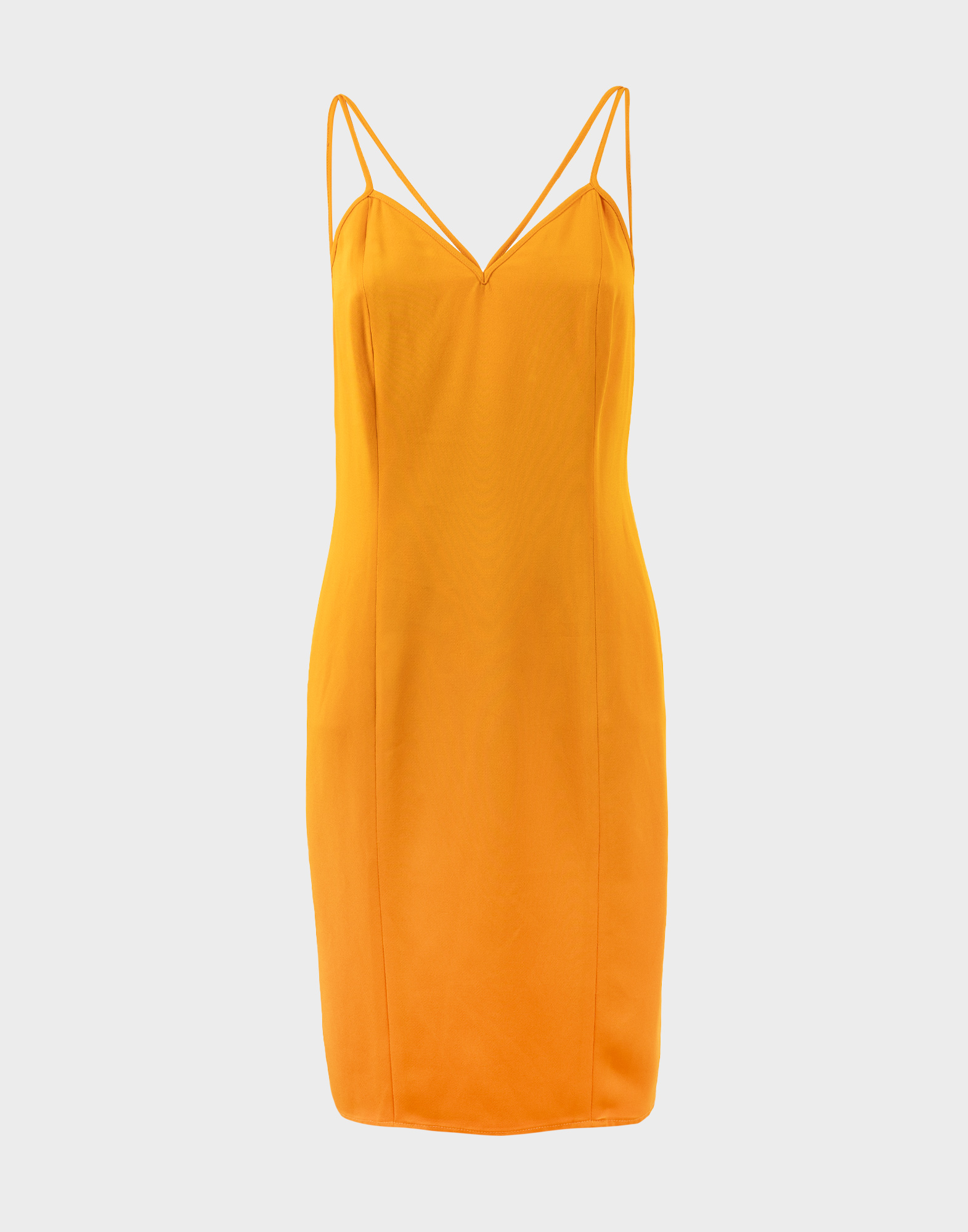 orange women's midi dress with v-neck and thin crossover straps