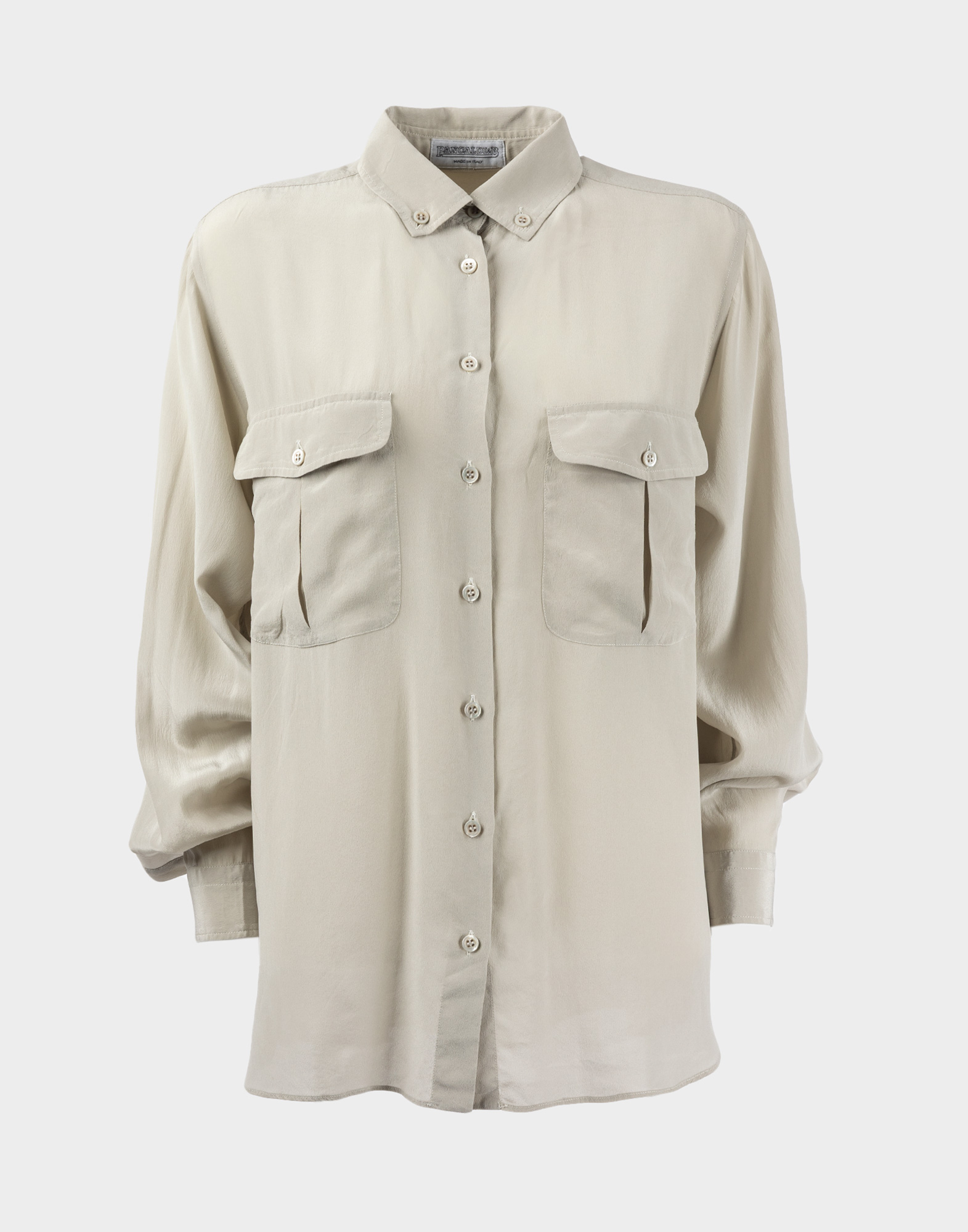 grey silk long-sleeved shirt with front buttons, two front pockets