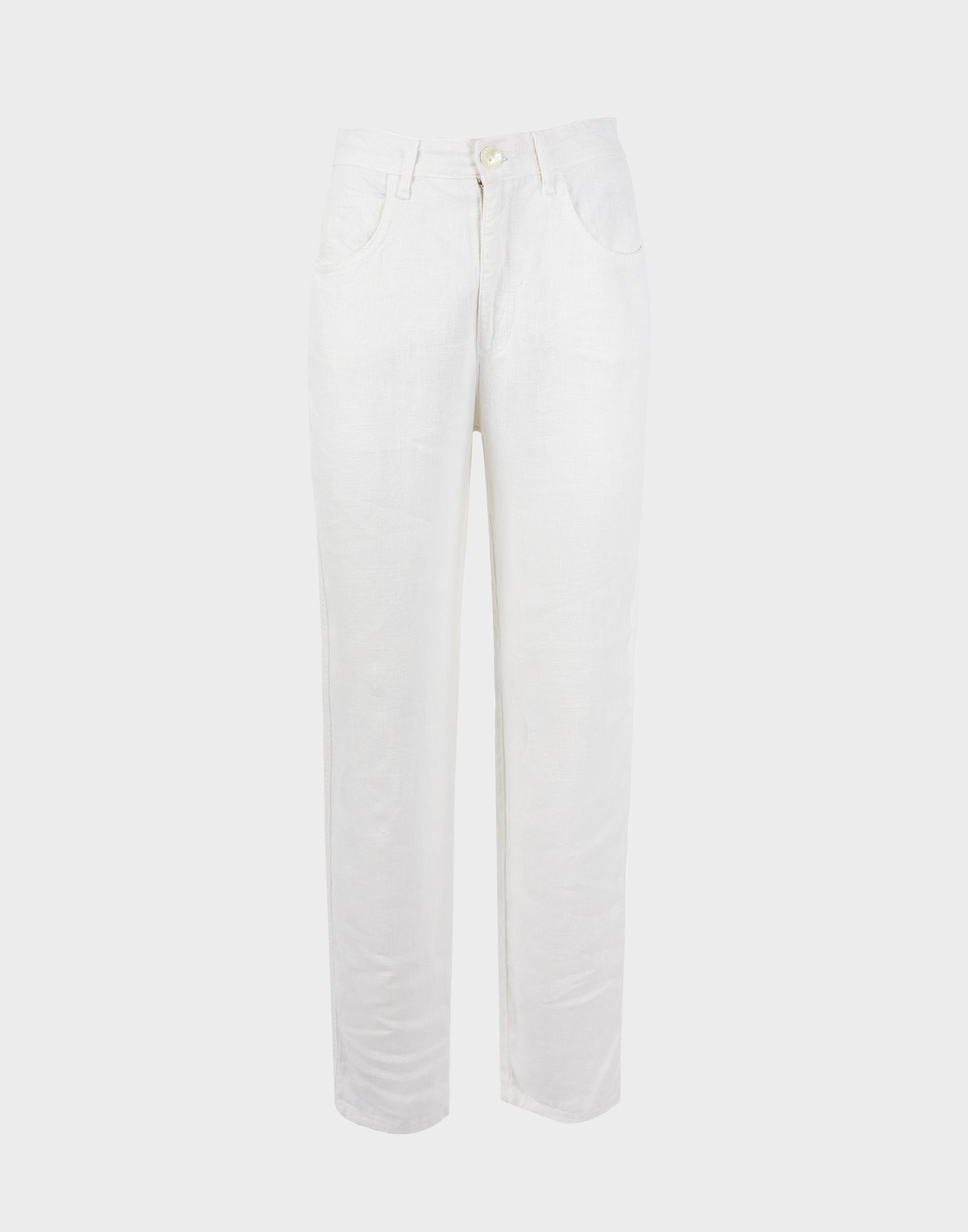 high-waisted white linen straight-leg trousers