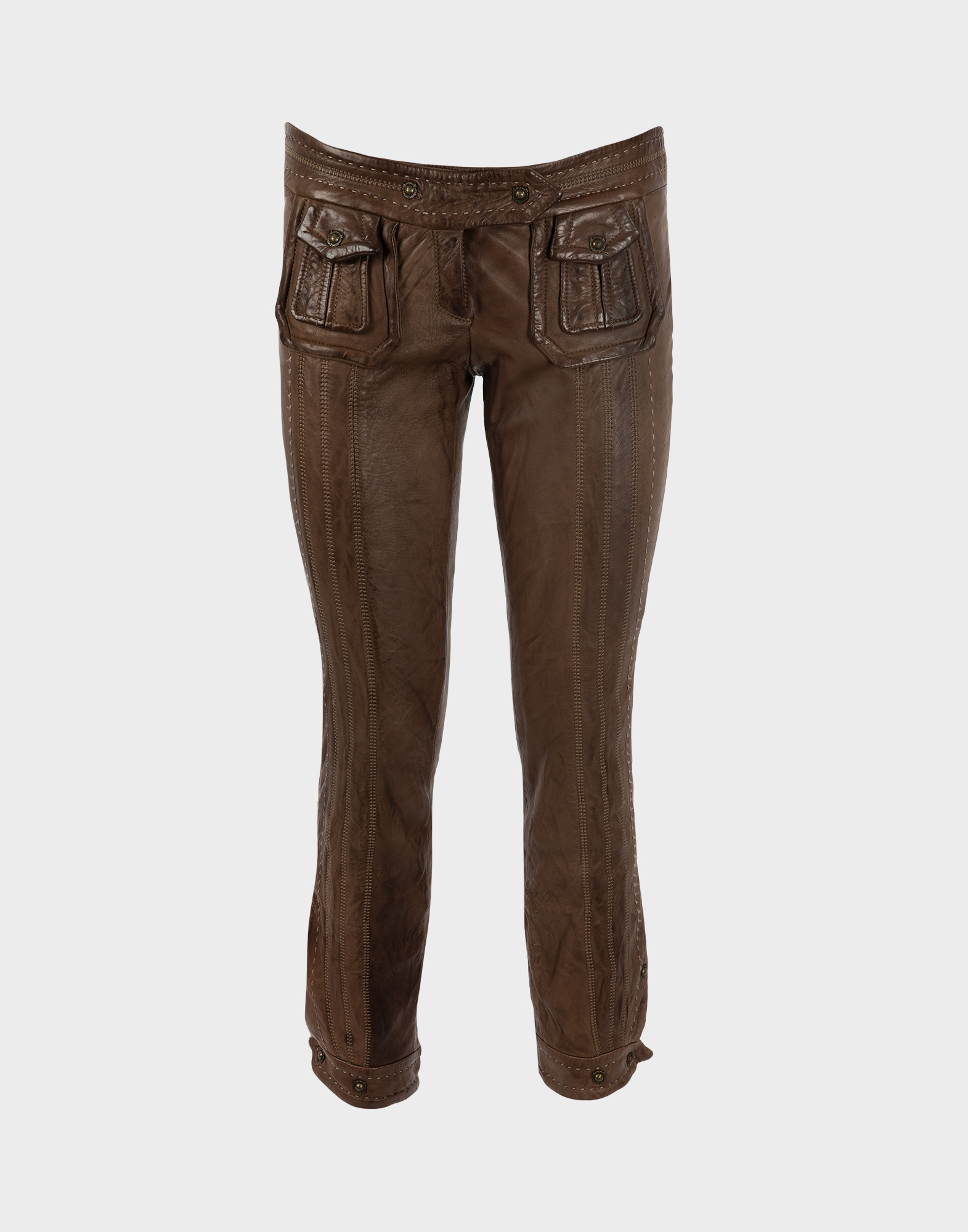 brown low-waisted women's leather trousers with two front pockets and front stitching