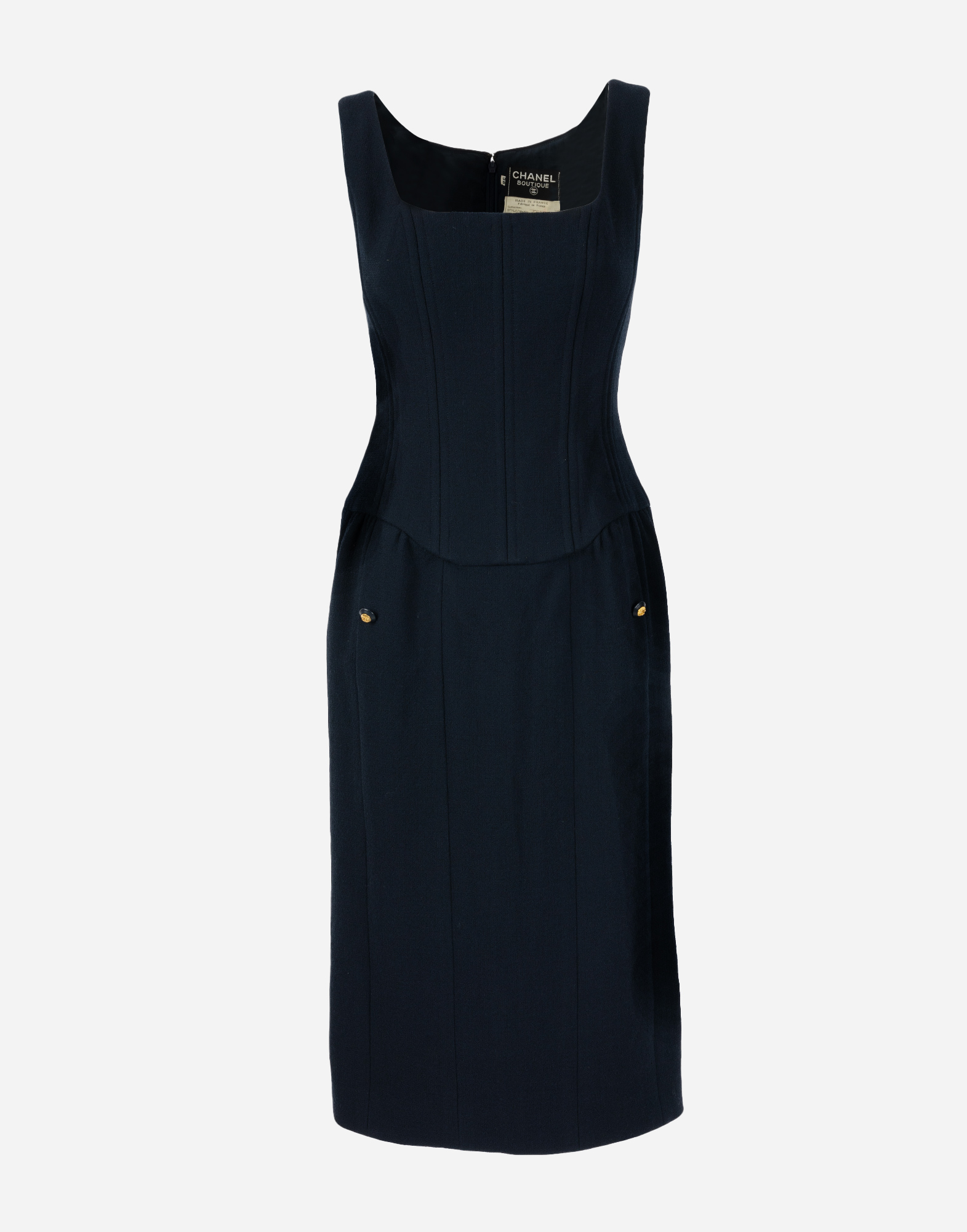 chanel blue women's sleeveless dress with bustier, decorative buttons on the front