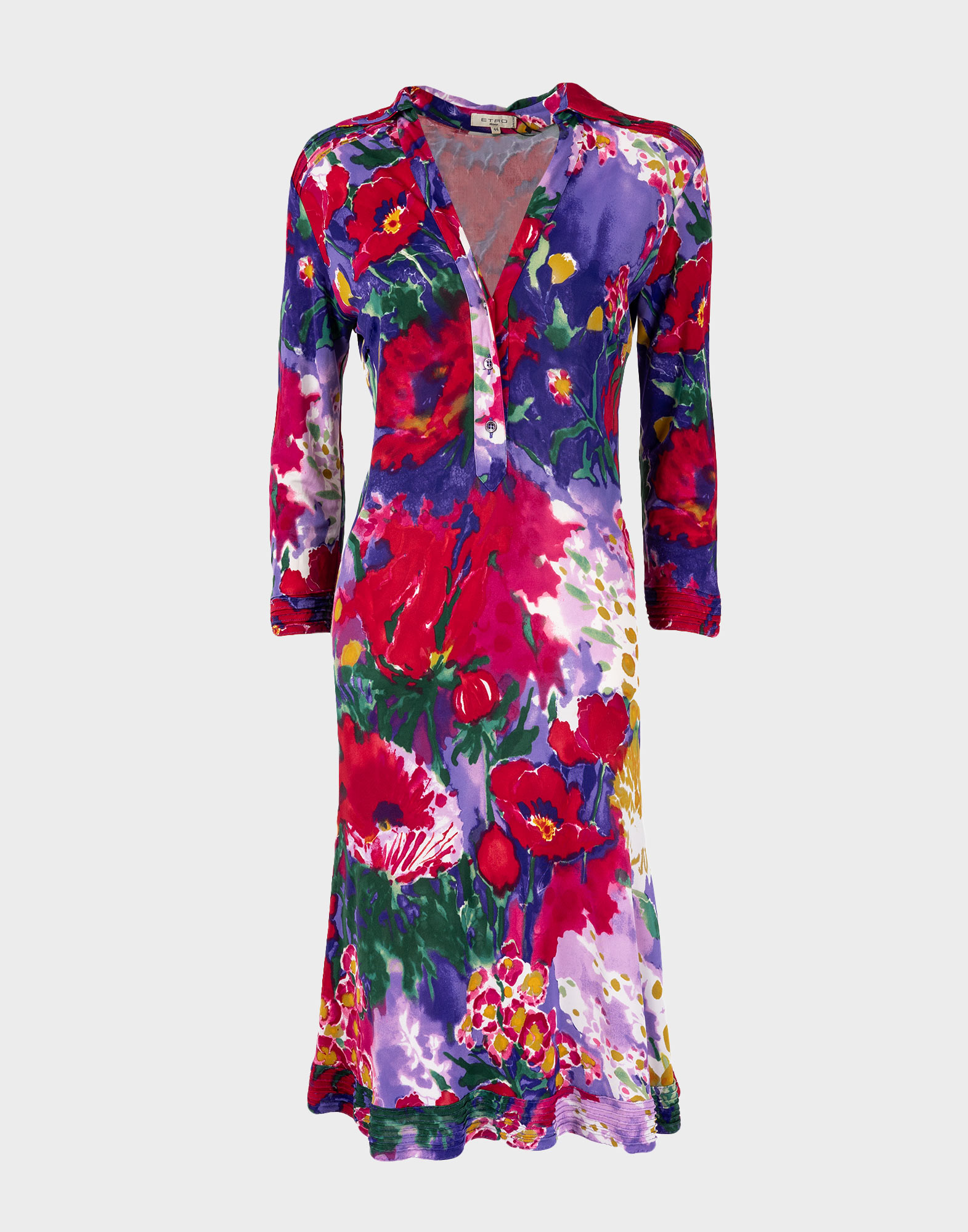 80s women's midi dress with floral pattern, polo collar and front button fastening. Long sleeves.