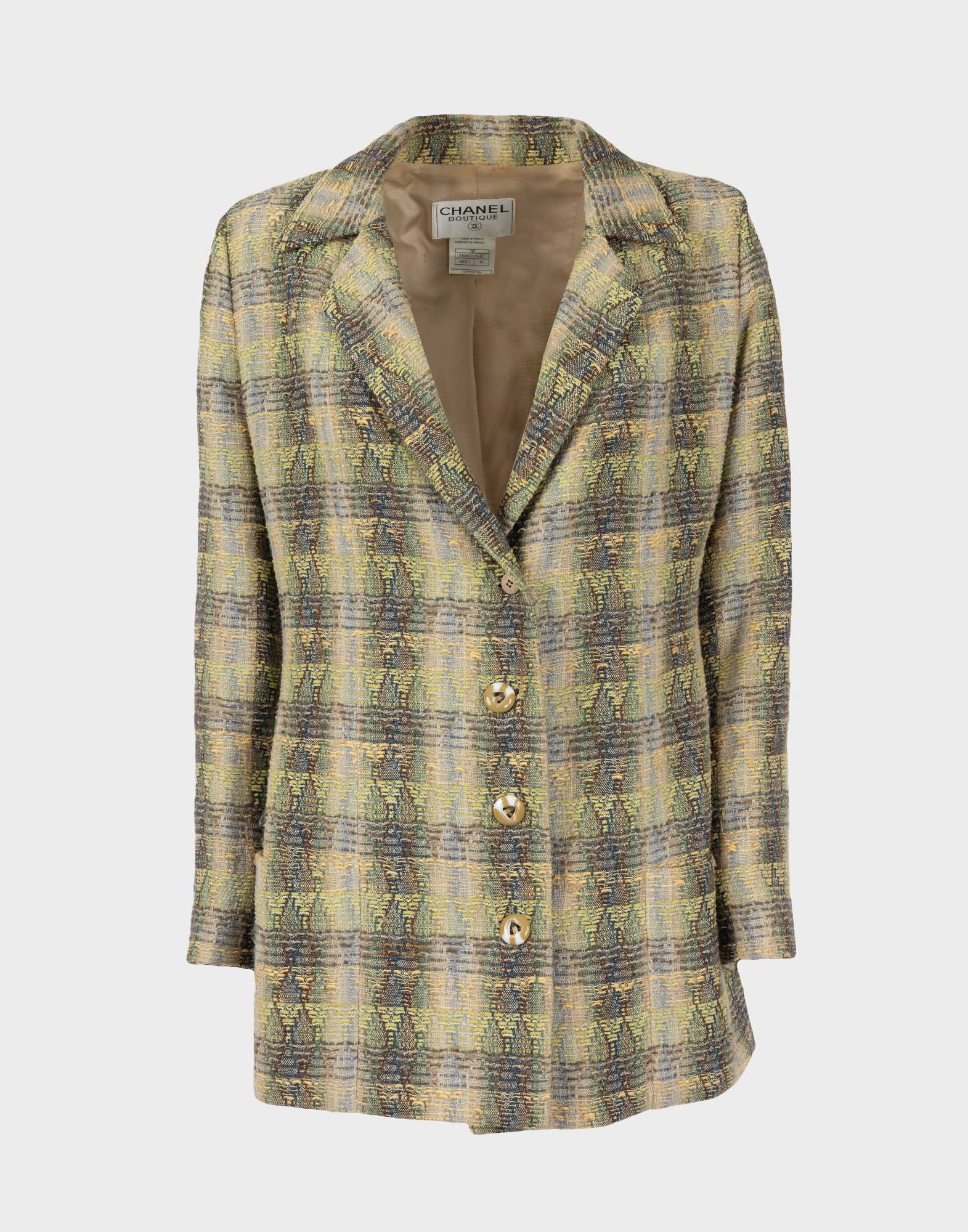 giacca oversize da donna firmata chanel boutique in tessuto tweed verde e giallo, chiusura con bottoni