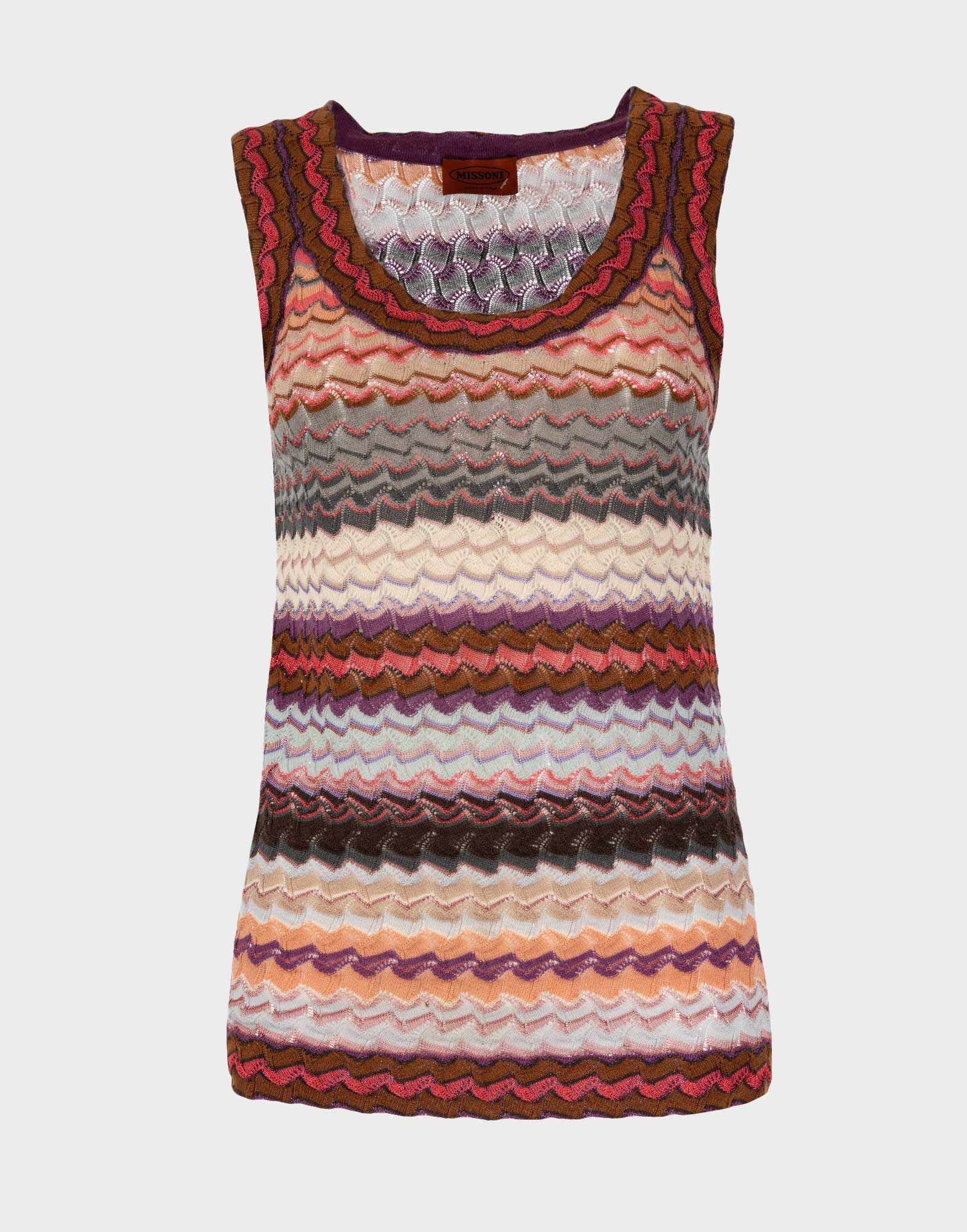 women's sleeveless cotton top with multicoloured striped pattern, round neckline