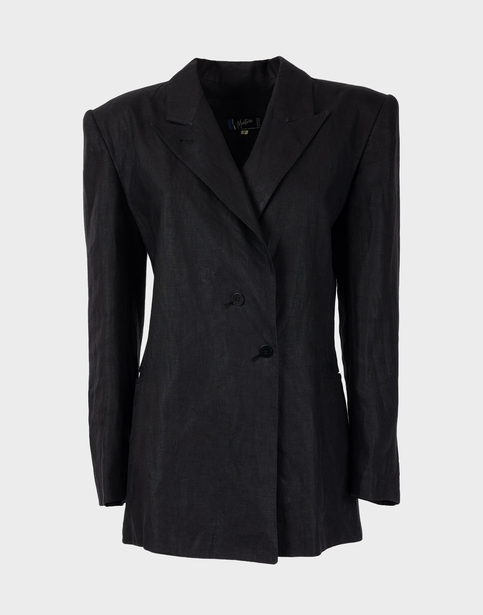 blazer da donna nero anni '80 realizzato in lino a maniche lunghe con spalle imbottite, chiusura laterale con due bottoni