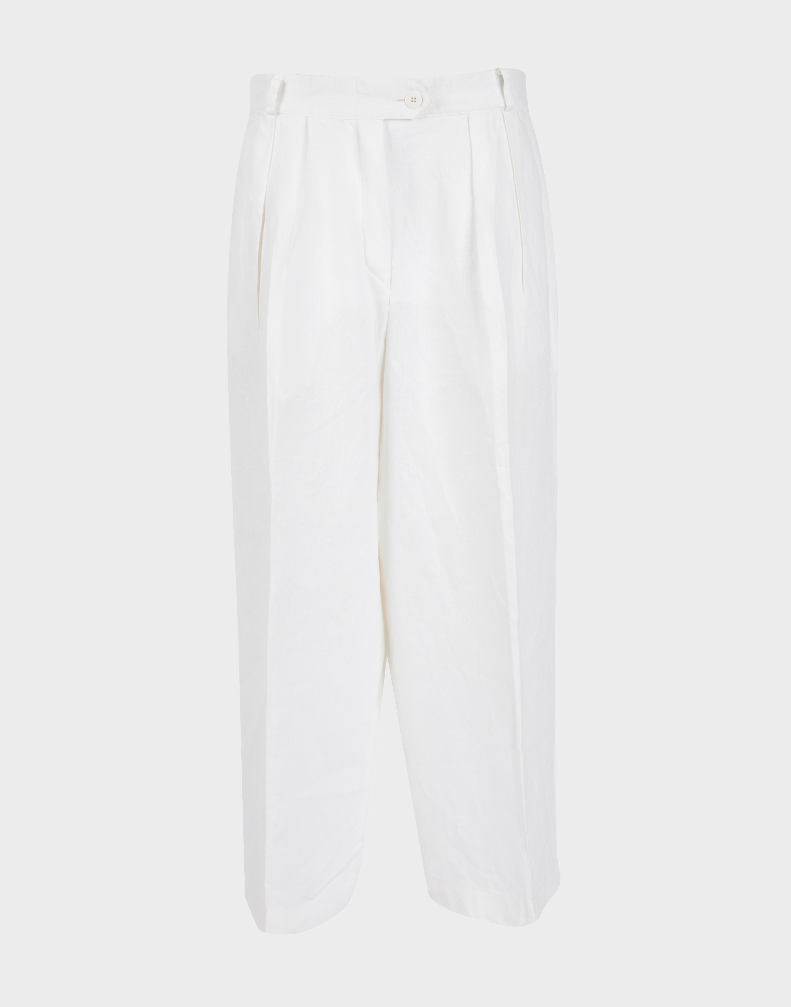 women's ankle-length white linen trousers with white button fastening and front pleats