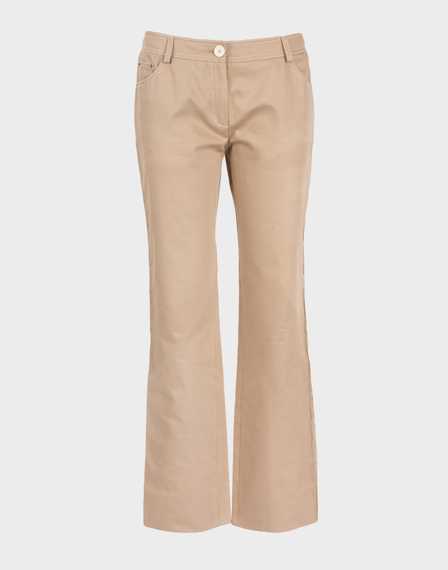 pantaloni da donna beige in cotone modello flare, cuciture a contrasto bianche