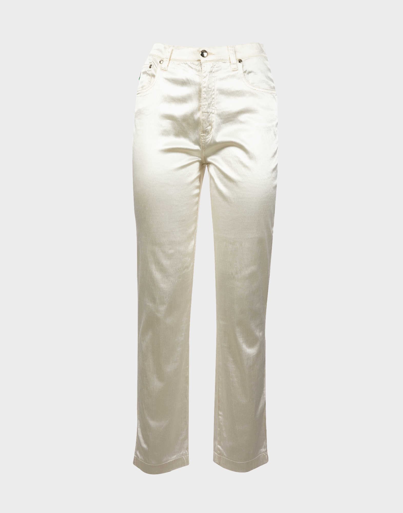 ivory high-waisted women's trousers in shiny fabric