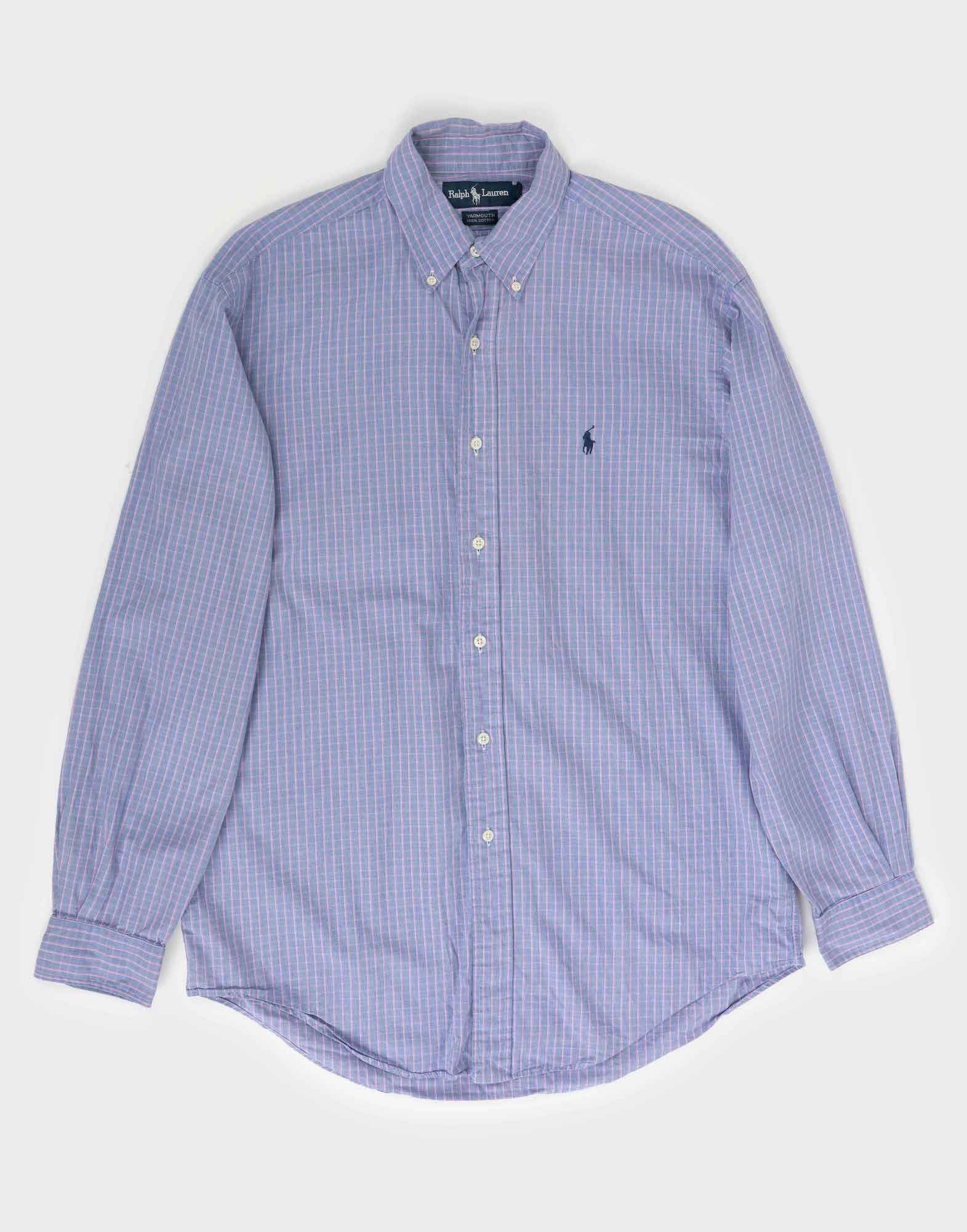 light blue men's long-sleeved shirt with checked pattern