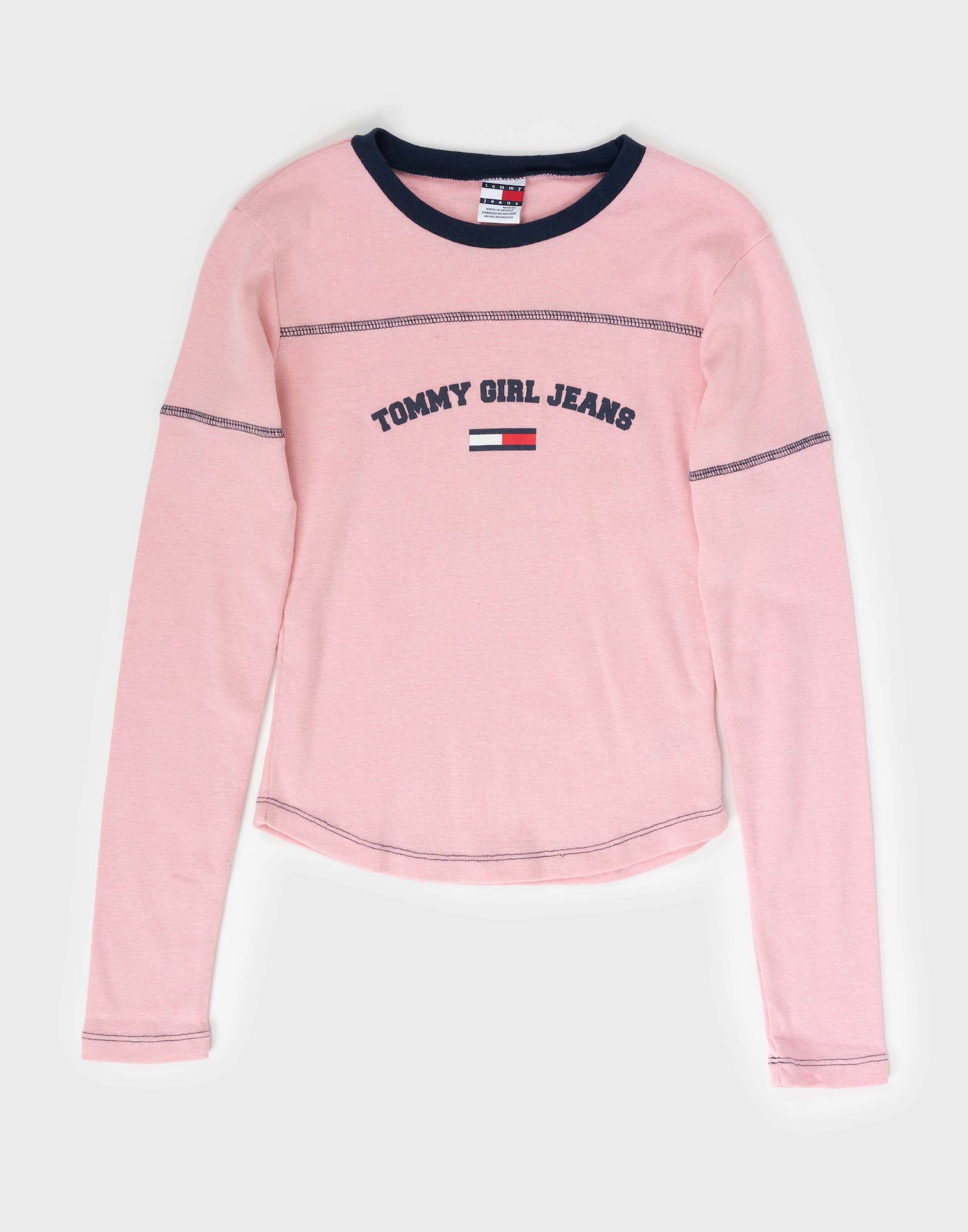 pink women's long-sleeved t-shirt with black collar, logo printed on the front