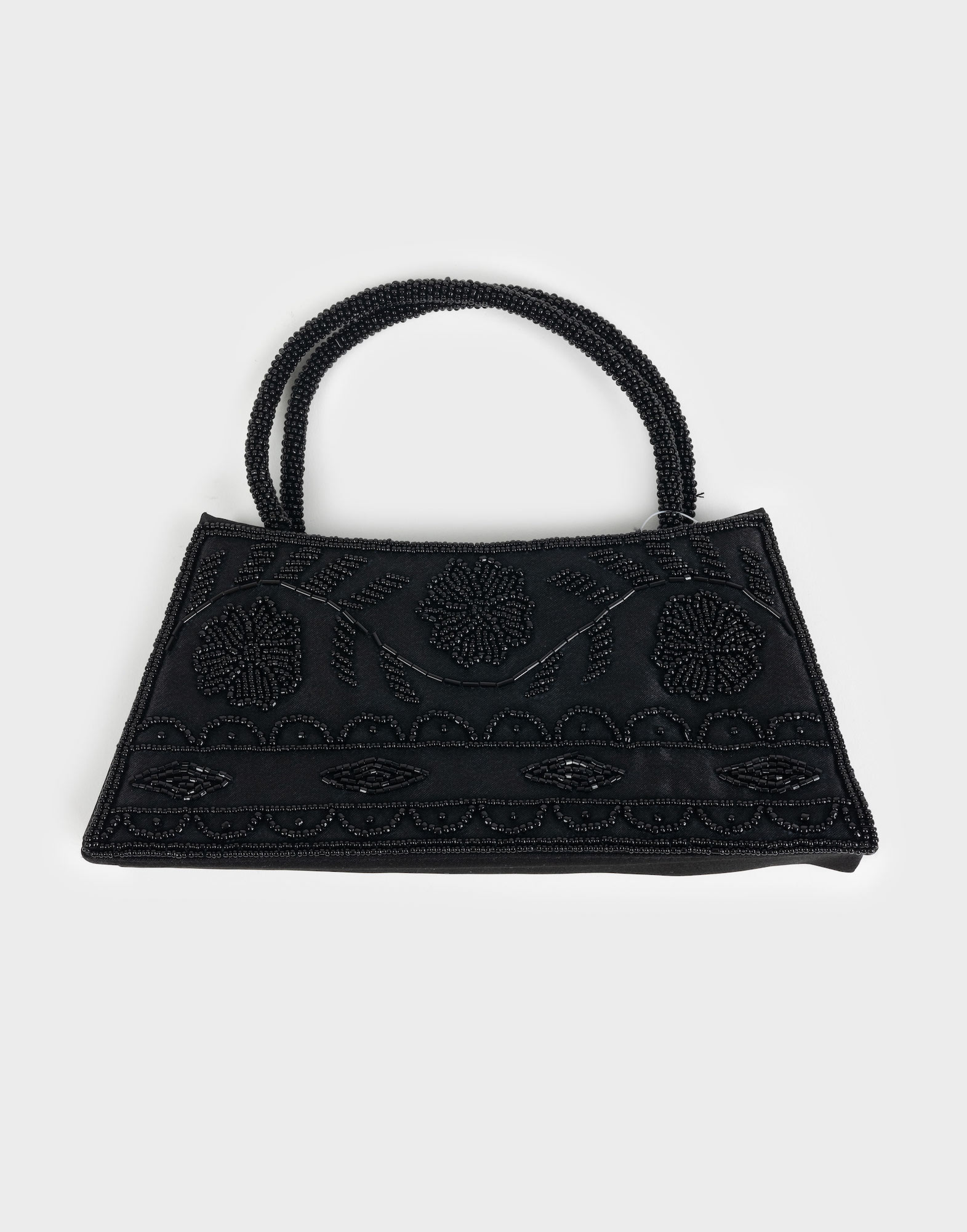 small black bag with beaded appliqués, double handle