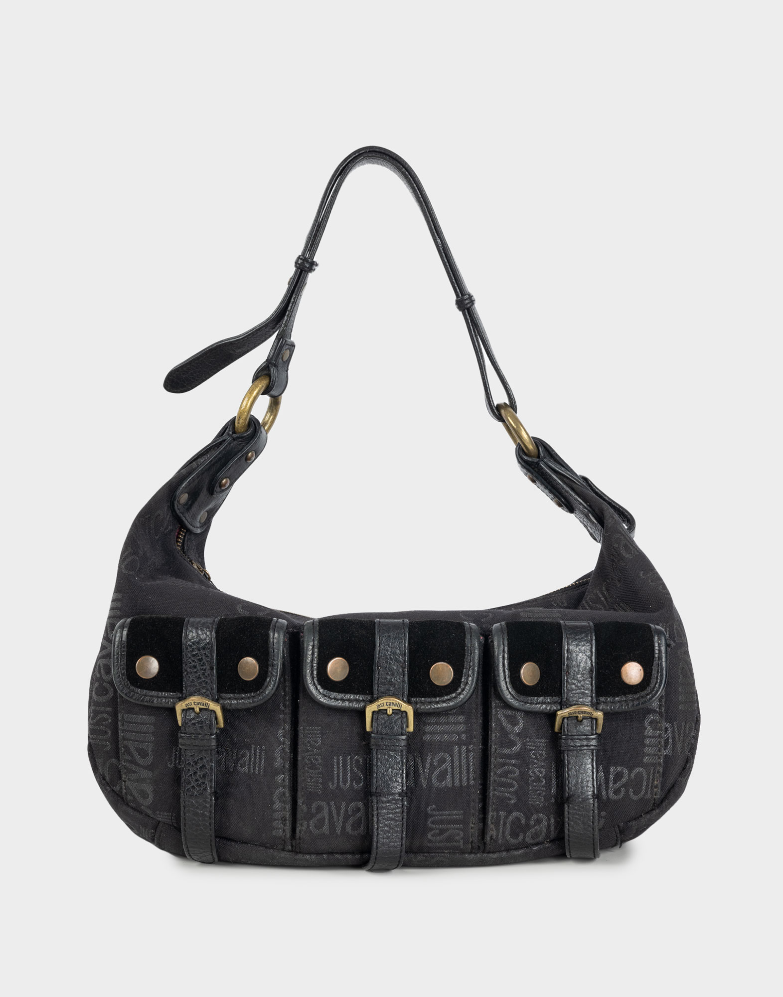 black women's bag in logo-printed fabric with adjustable black leather shoulder strap and three pockets on the front