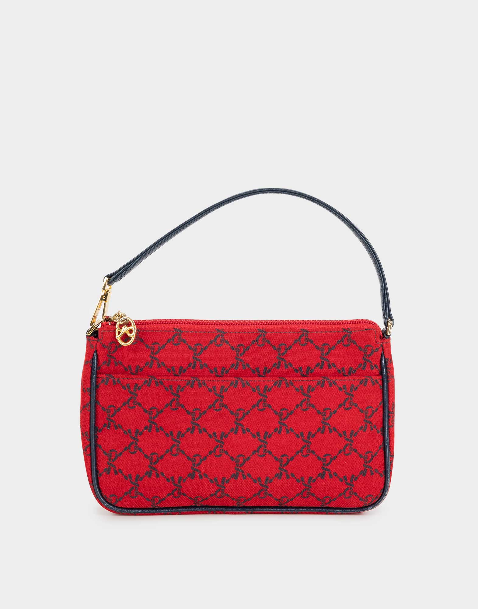 small red handbag in logo fabric with gold pendant and blue leather handle