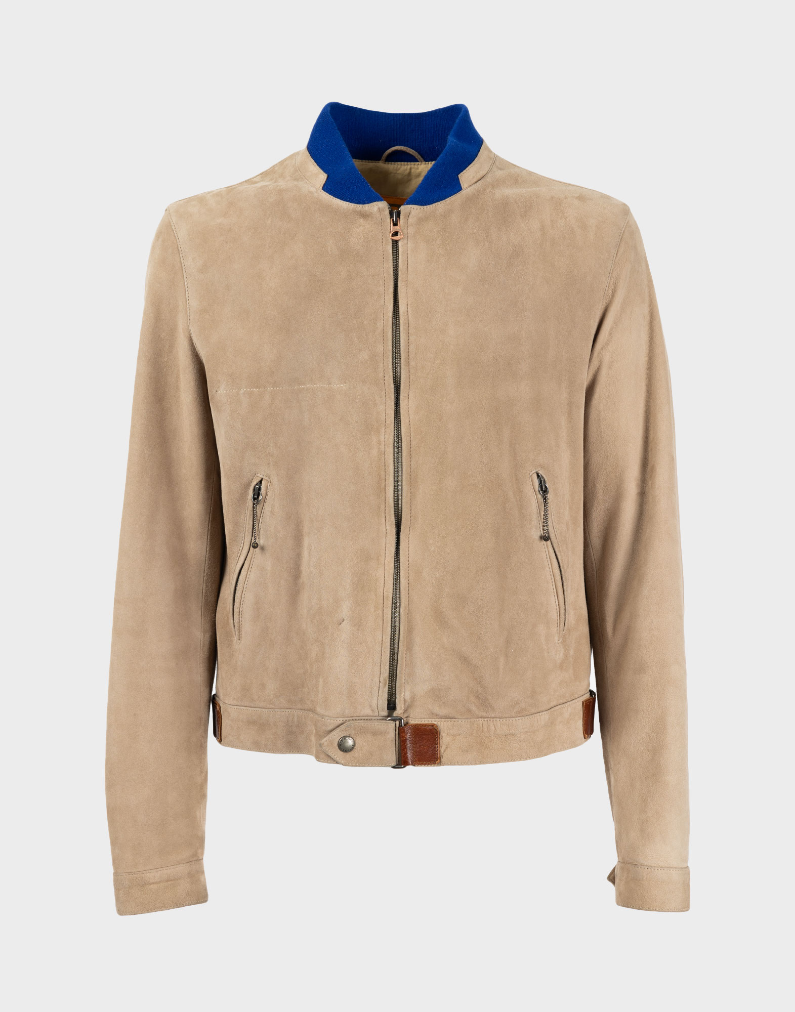 men's jacket in beige suede with blue colour, front fastening with full zip, two side pockets